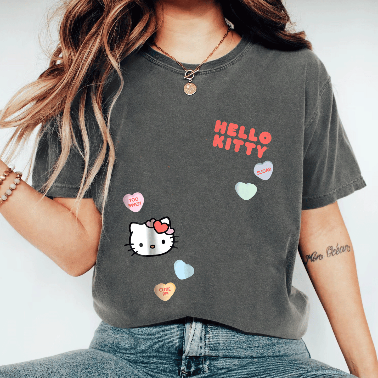 Cute Hello Kitty Candy Hearts Valentine Tee Shirt for Kids and Adults, Adorable Love-Themed Graphic Tee Perfect for Valentine's Day - 11