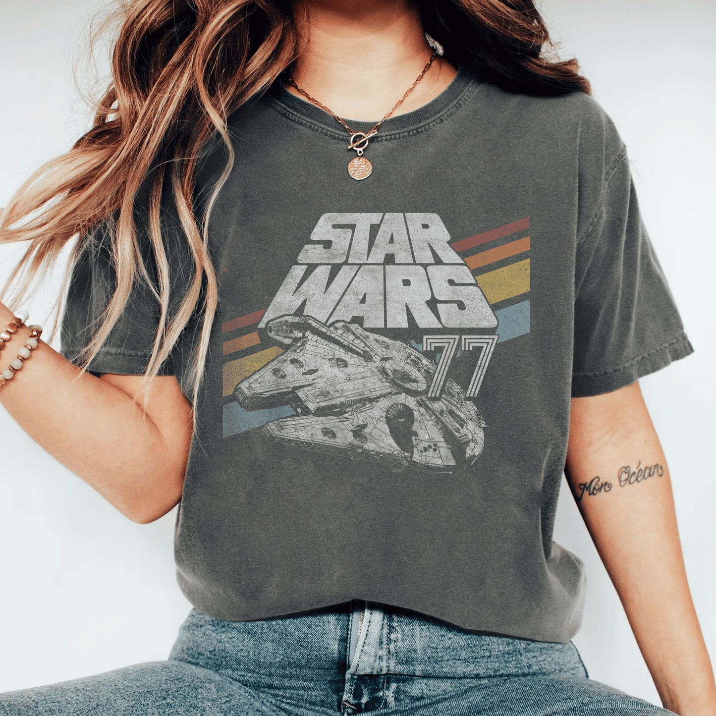 Retro Star Wars Millennium Falcon 77 T-Shirt with Stylish Diagonal Stripes – Perfect for Fans and Collectors! - 11