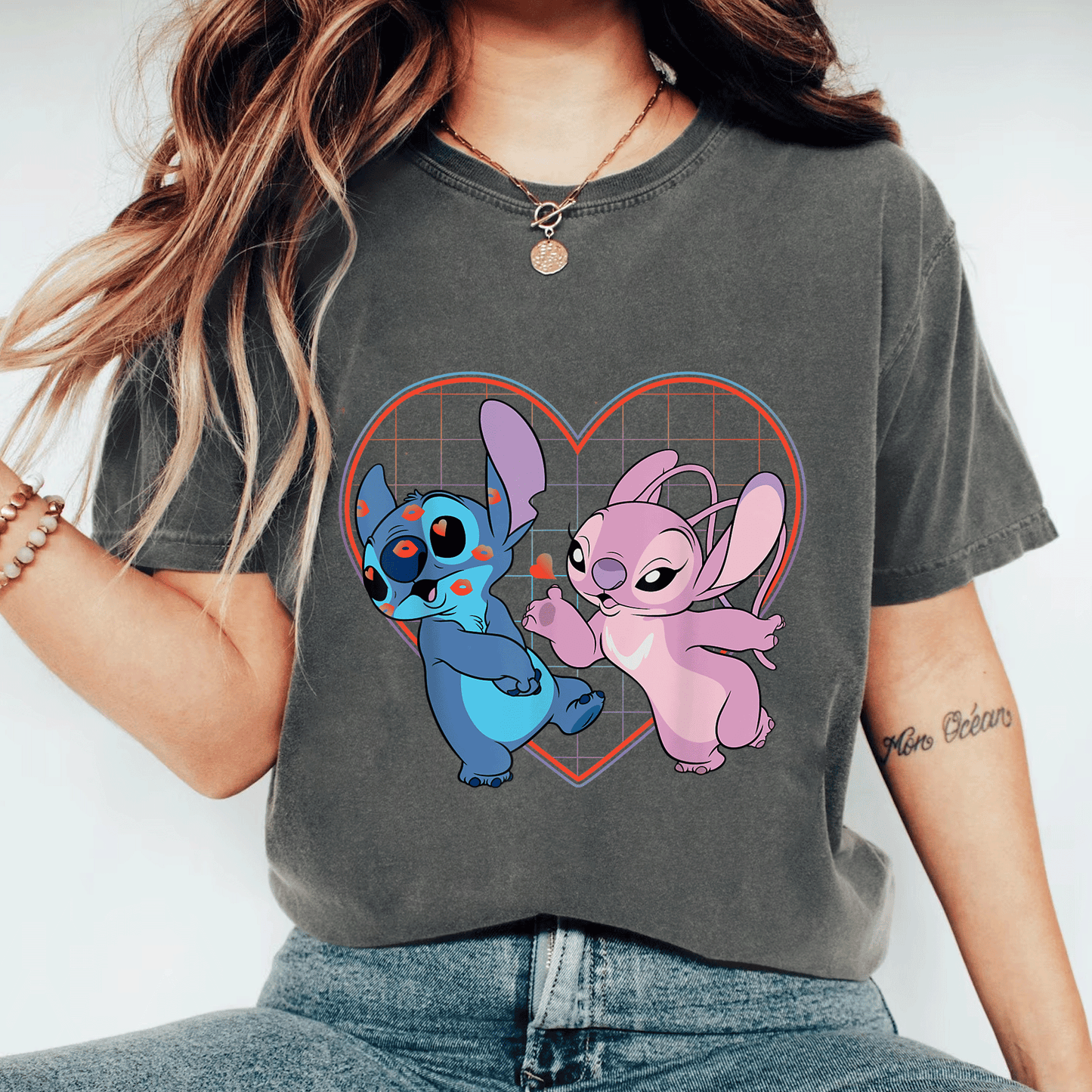 Cute Disney Lilo and Stitch Angel Heart Kisses T-Shirt for Fans of Cozy Style and Adorable Character Designs - 11