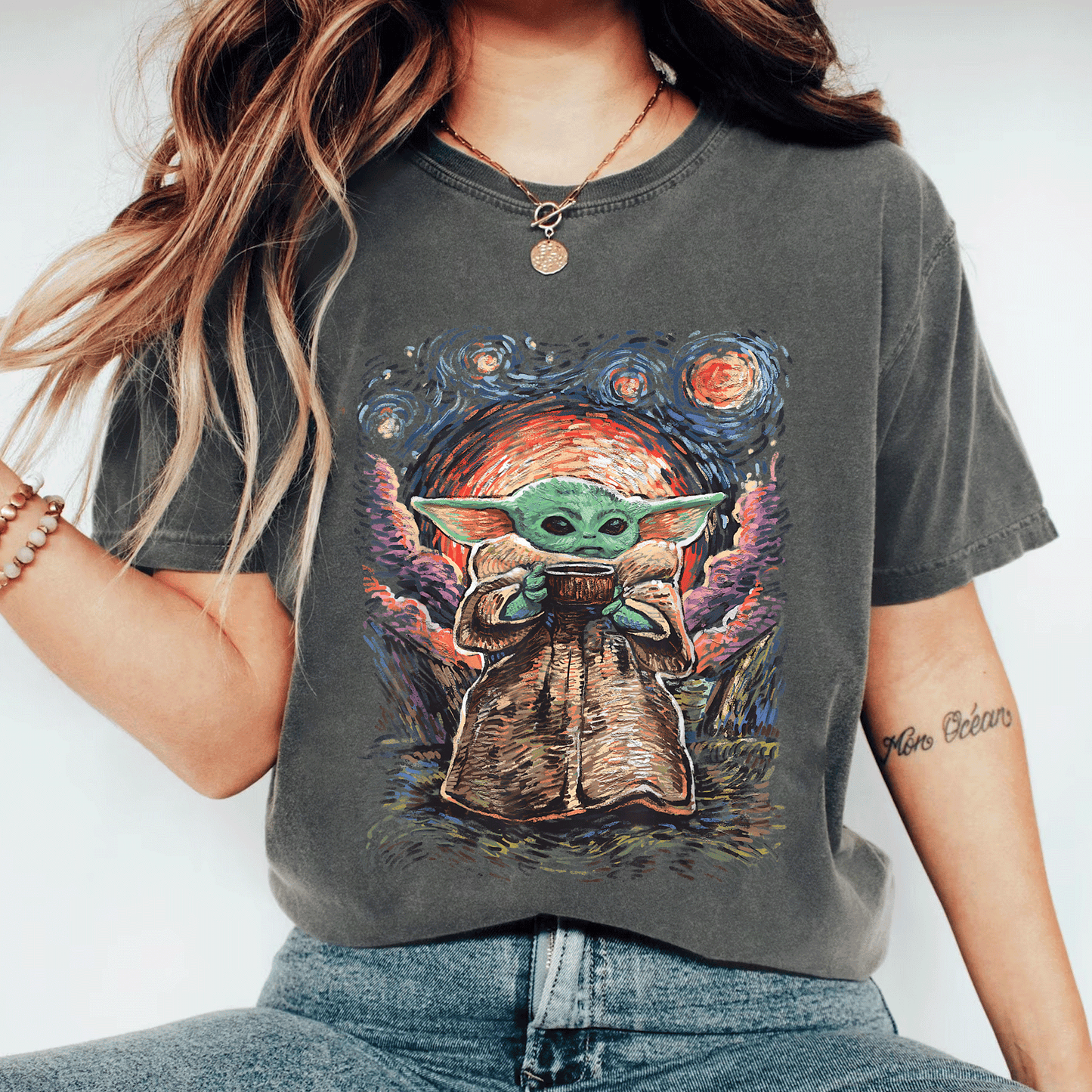 Star Wars The Child Starry Night T-Shirt featuring adorable Baby Yoda design for fans of all ages in soft, comfortable fabric - 11