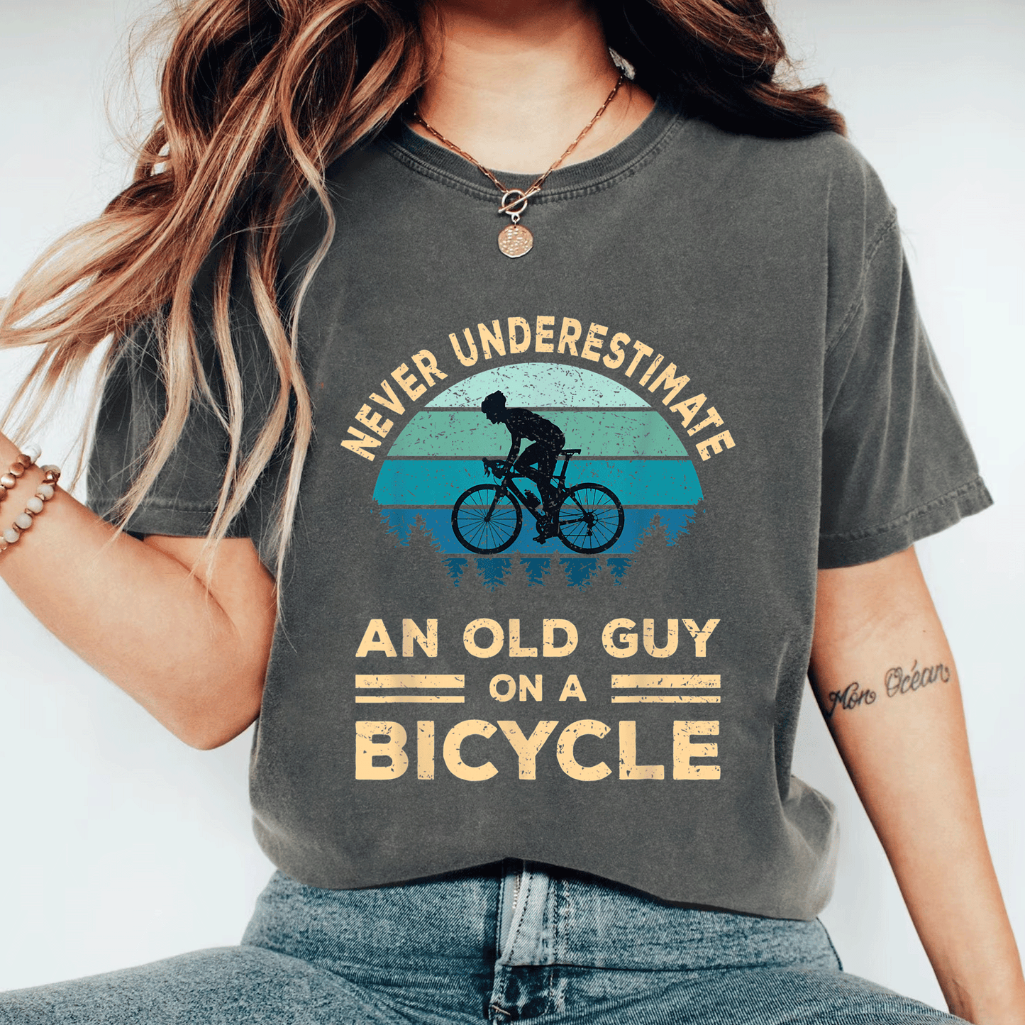 Funny Biker Dad T-Shirt Never Underestimate An Old Guy On A Bicycle Humorous Cycling Gift for Dads and Grandpas - 11