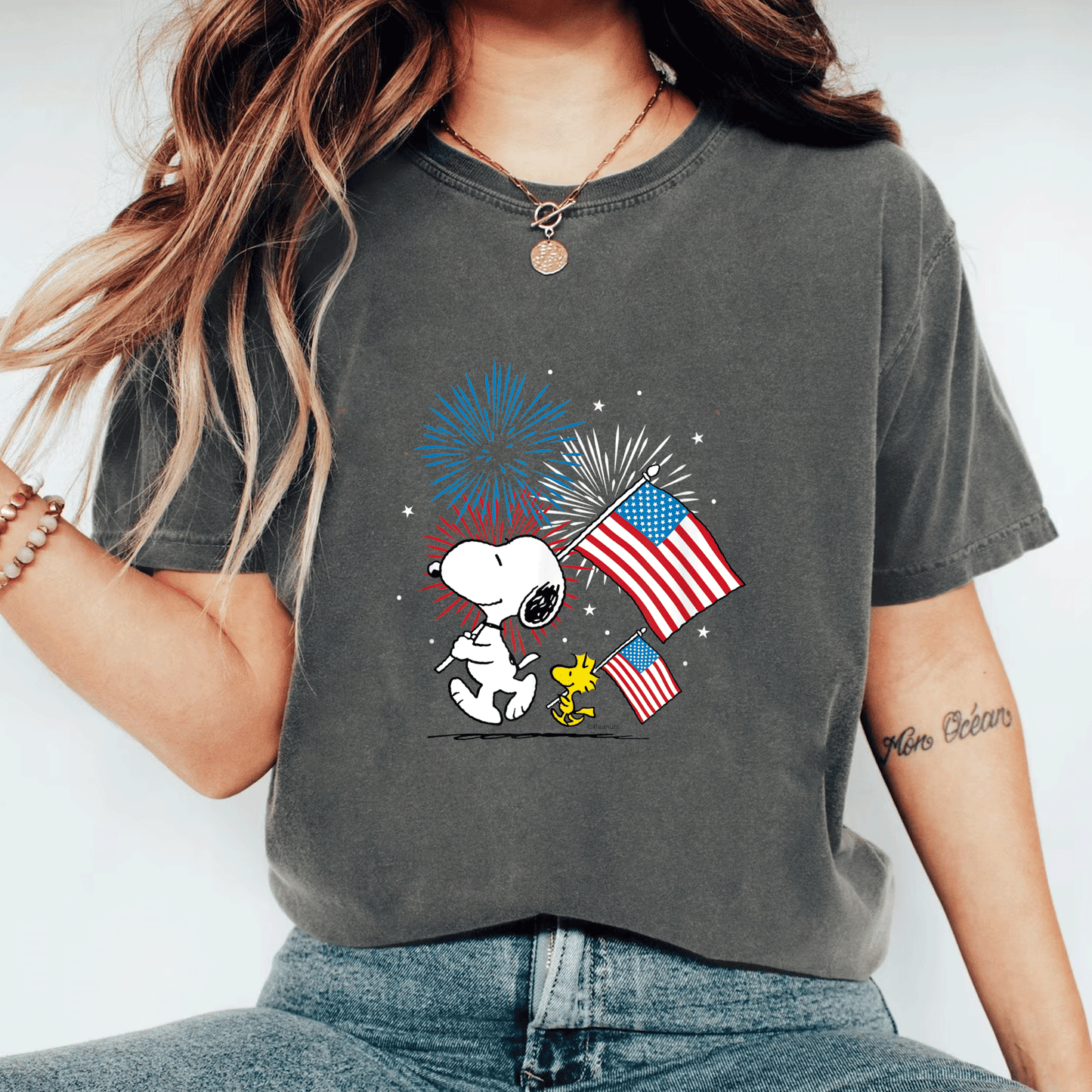 Snoopy and Woodstock American Flags T-Shirt - Fun Peanuts Graphic Tee for Casual Style and Fans of All Ages - 11