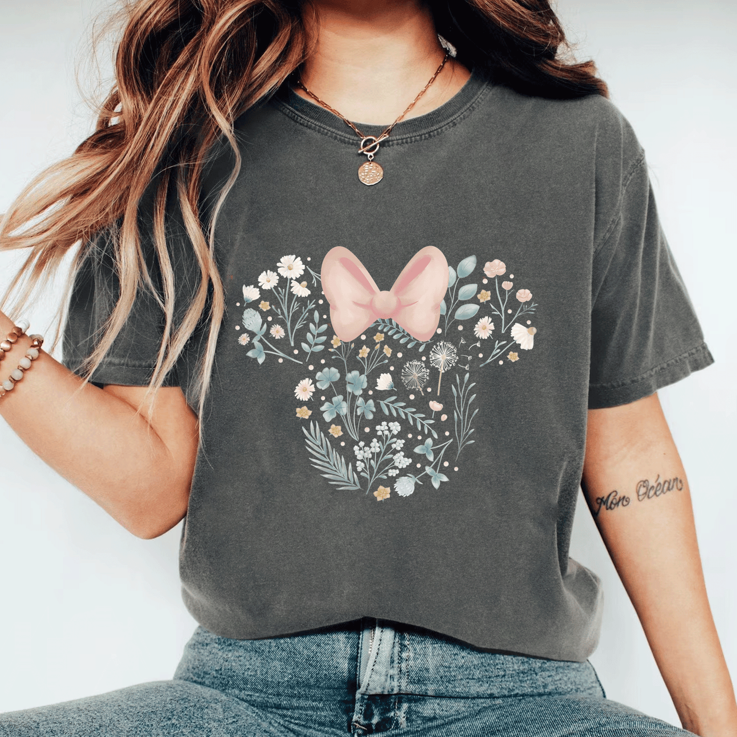 Disney Minnie Mouse Icon Spring Flowers T-Shirt for Women, Cute Floral Graphic Tee, Perfect for Casual Outings and Gifts - 11