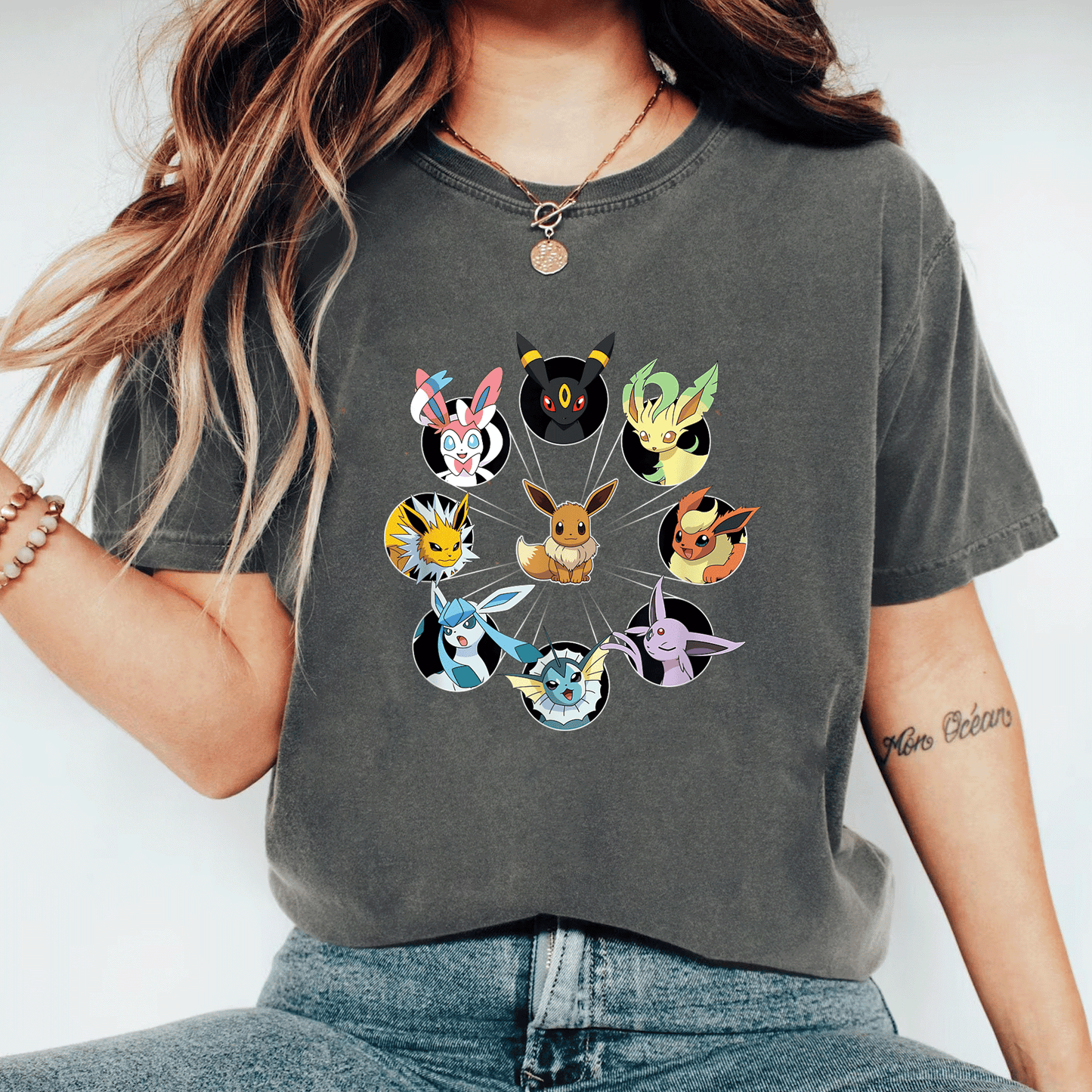 Eevee Evolution Circle T-Shirt for Pokémon Fans, Cute and Colorful Graphic Tee Featuring Eevee and Its Evolutions - 11