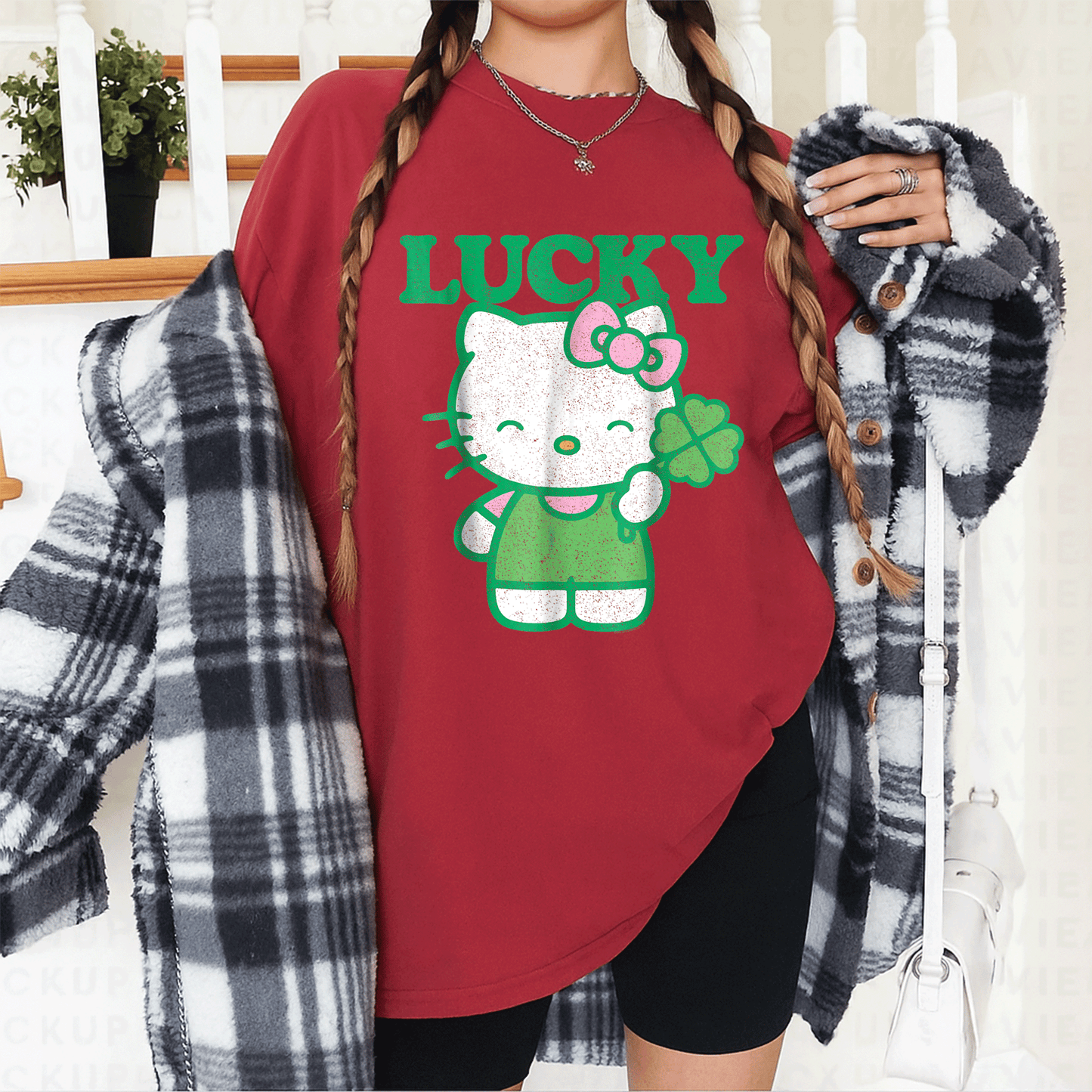 Cute Hello Kitty Lucky Clover Tee Shirt - Adorable Design Featuring Lucky Clover and Hello Kitty for Kids and Adults - 12