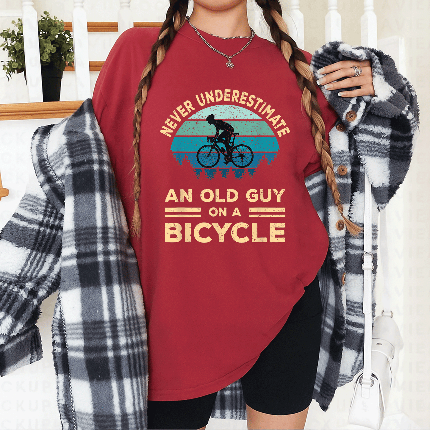 Funny Biker Dad T-Shirt Never Underestimate An Old Guy On A Bicycle Humorous Cycling Gift for Dads and Grandpas - 12