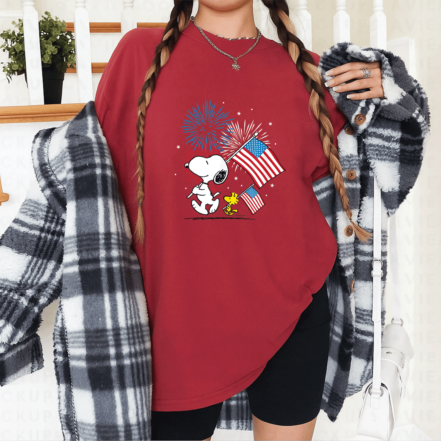 Snoopy and Woodstock American Flags T-Shirt - Fun Peanuts Graphic Tee for Casual Style and Fans of All Ages - 12