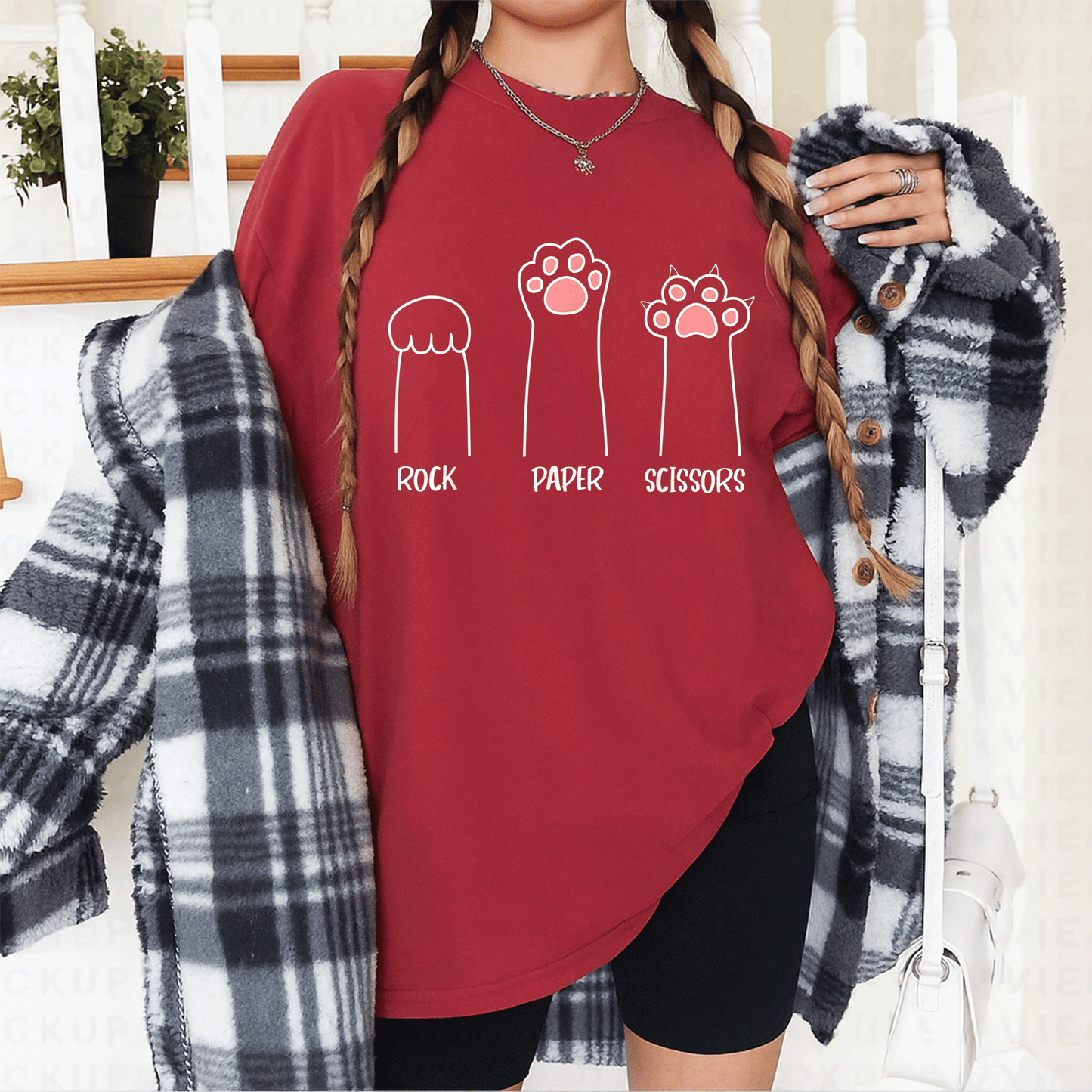 Cute Pink Paw Cat T-Shirt Featuring Rock Paper Scissors Hand Game Design - Fun and Playful Pet Lover Gift - 12