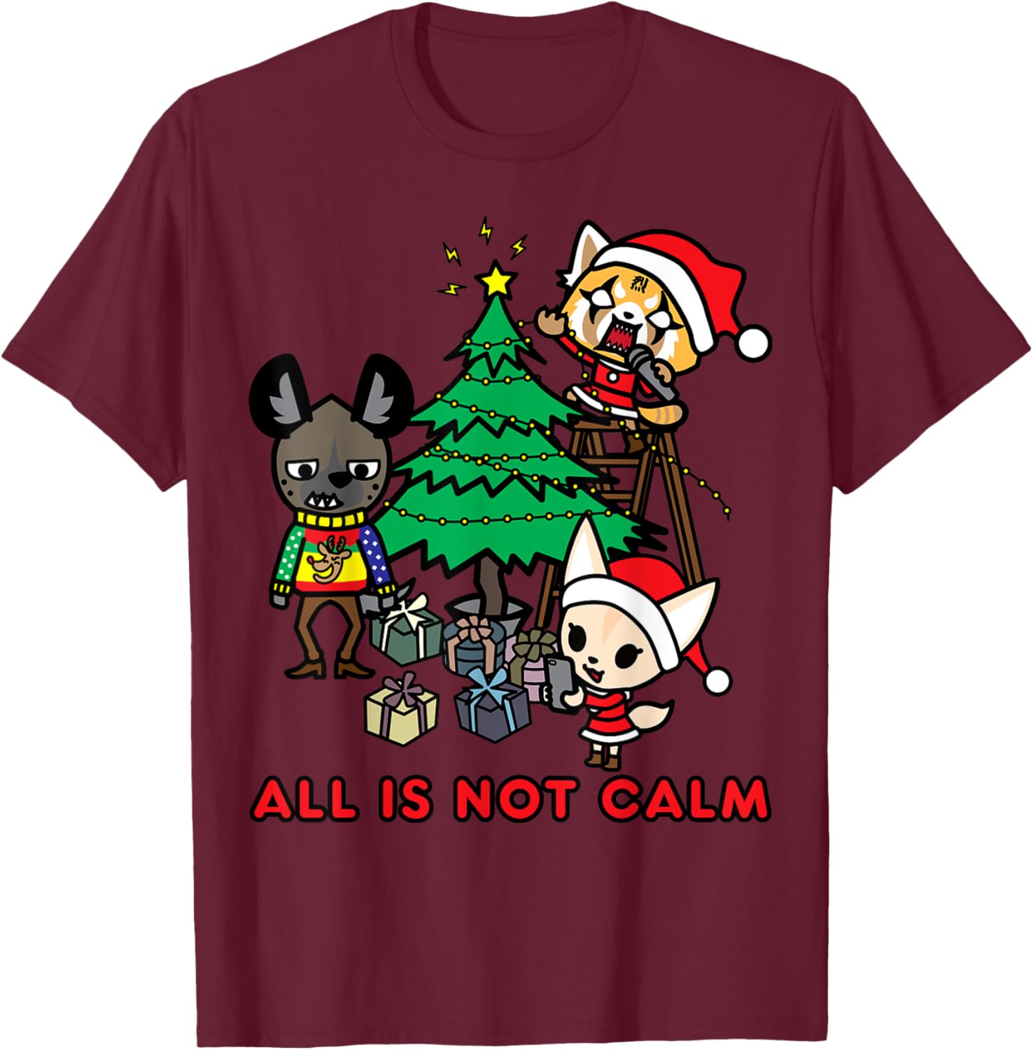 Aggretsuko Christmas T-Shirt All Is Not Calm Fun Holiday Apparel - 7