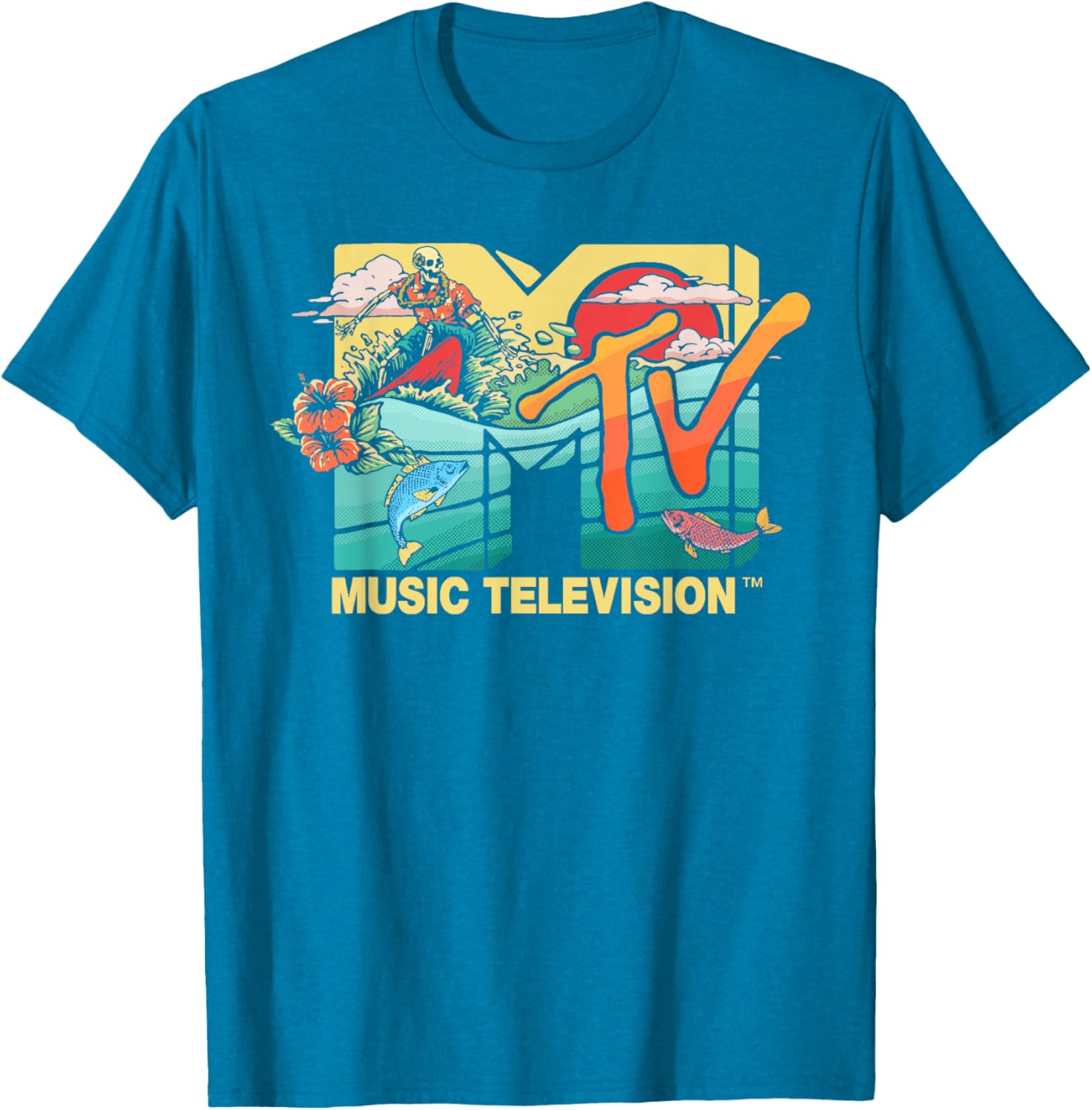 Mademark x MTV Vintage Surfing Skeleton Mother Ocean T-Shirt for Men - 7