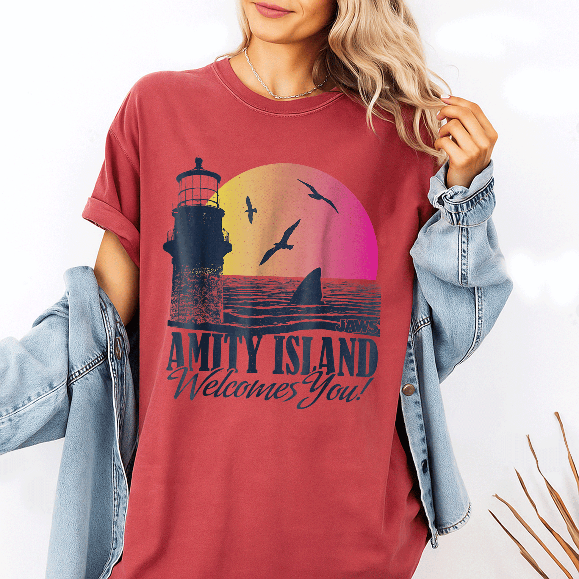 Jaws Sunset Amity Island Graphic T-Shirt Embrace the Beach Vibes in Style Perfect for Horror and Movie Fans - 1