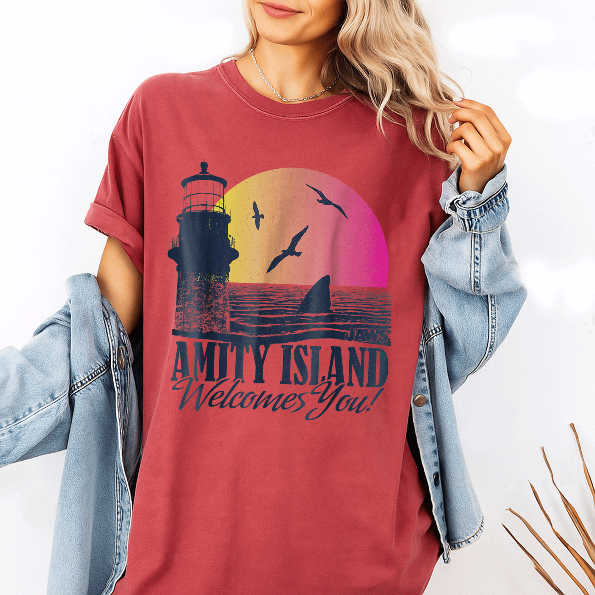 Jaws Sunset Amity Island Graphic T-Shirt Embrace the Beach Vibes in Style Perfect for Horror and Movie Fans - 1
