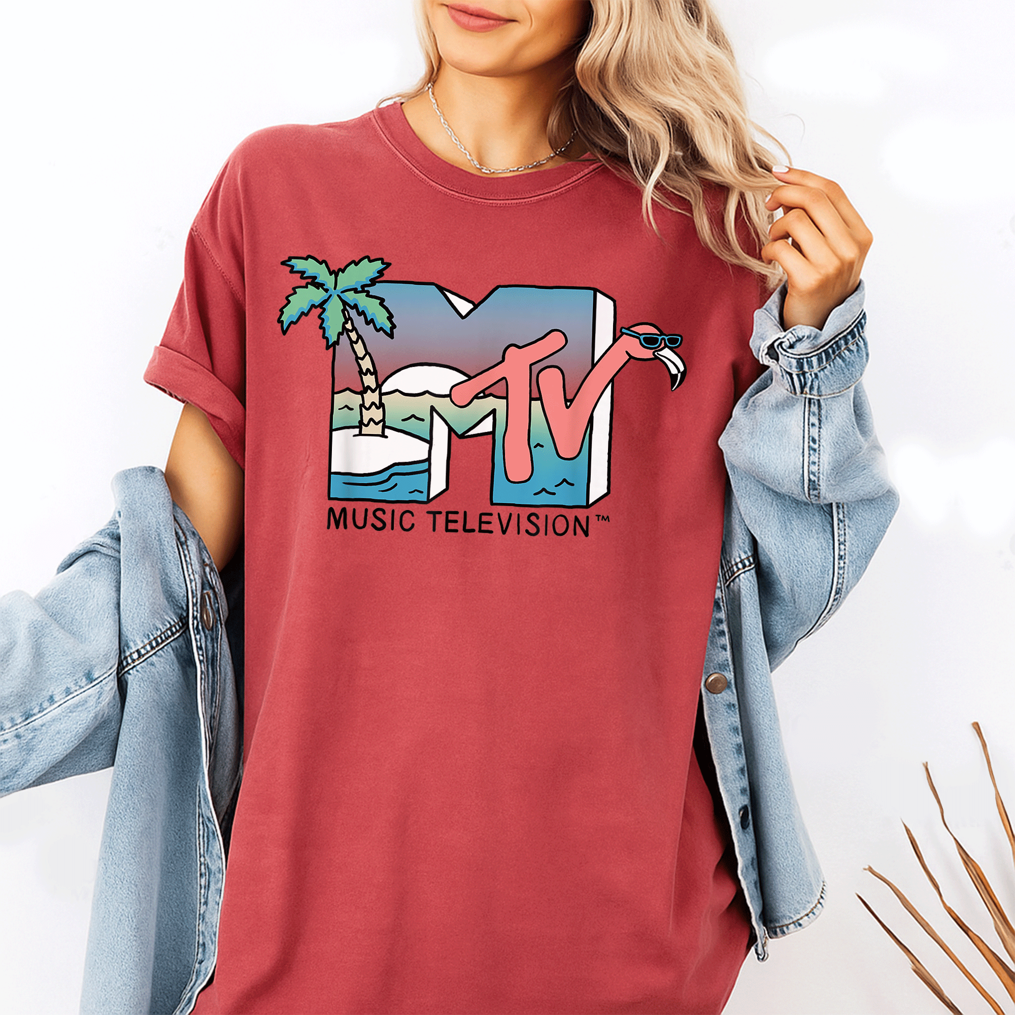Vintage MTV Beach Island Flamingo Graphic T-Shirt for Fun Lovers, Retro Style Tee Perfect for Summer Adventures and Beach Days - 1