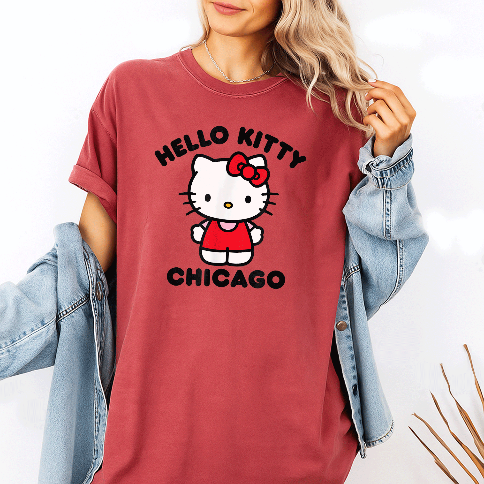 Adorable Hello Kitty Chicago T-Shirt for Fans Cute Design Featuring Hello Kitty in Chicago Skyline Perfect for Casual Outings - 1