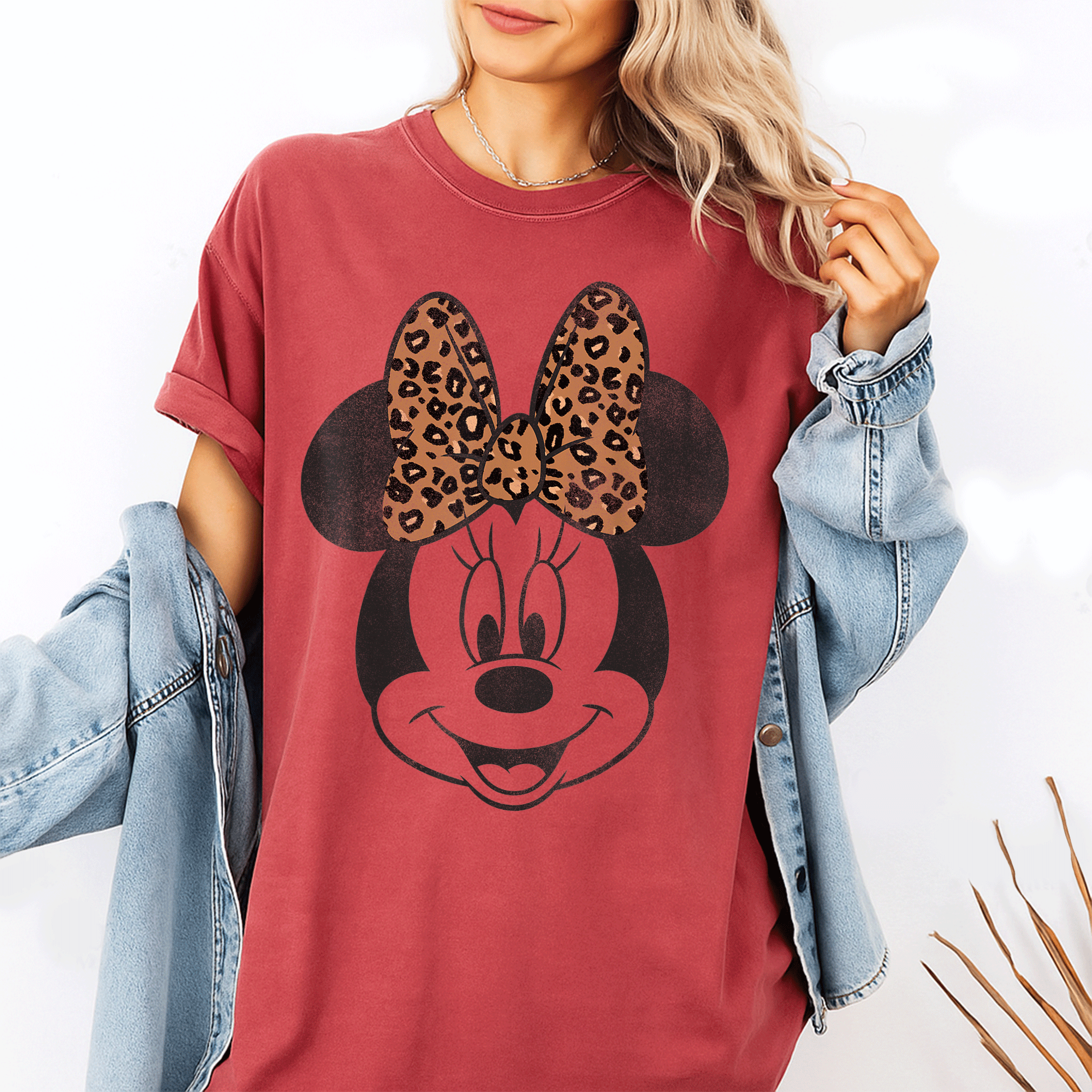 Cute Disney Mickey and Friends Minnie Mouse Leopard Bow Portrait T-Shirt for Women, Fun Graphic Tee for Disney Lovers - 1