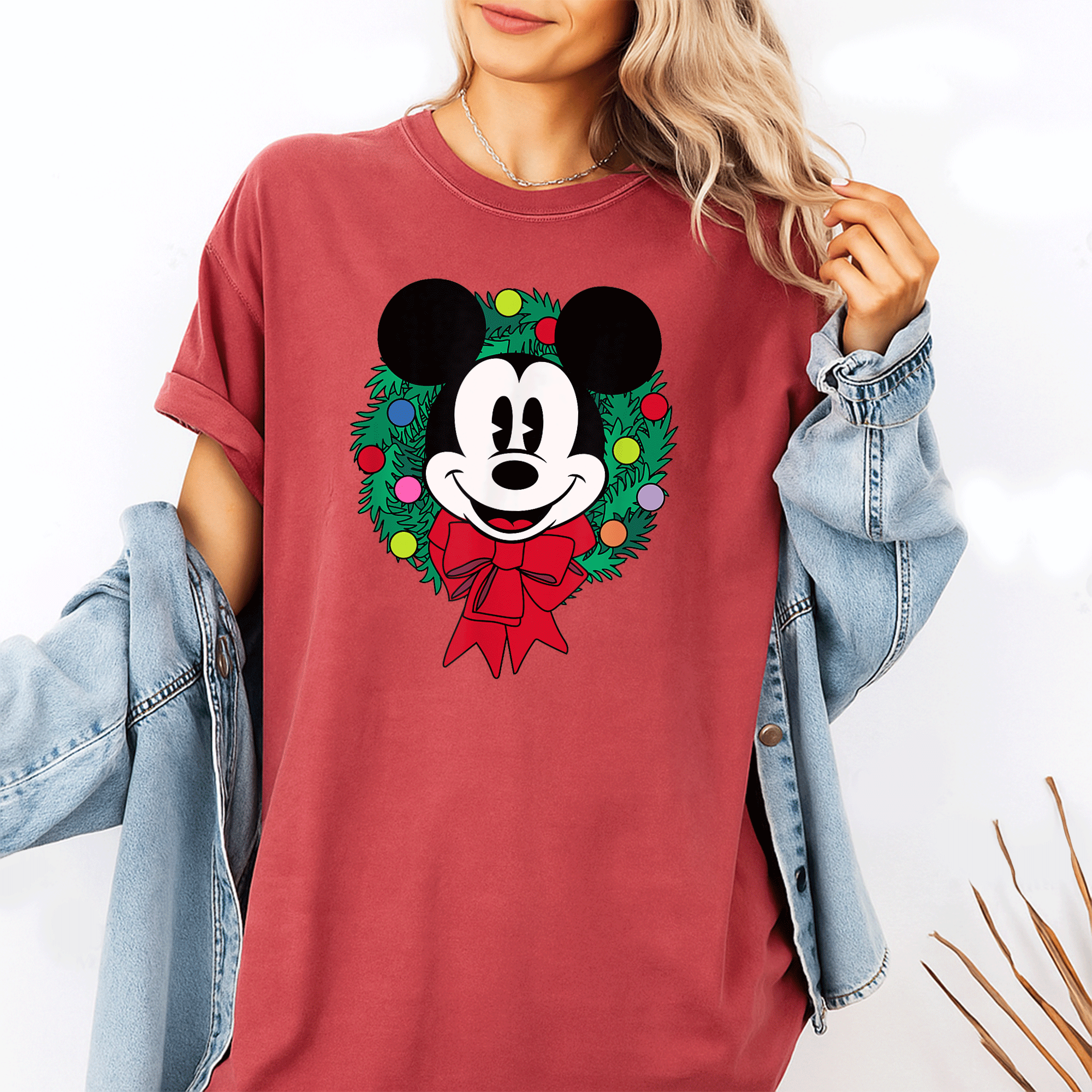 Cozy Up with Amazon Essentials Mickey Mouse Festive Holiday Christmas Wreath T-Shirt Perfect for Celebrating the Season - 1