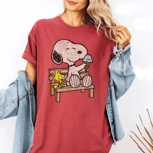 Cute Peanuts Snoopy and Woodstock Bench T-Shirt for Fans, Adorable Graphic Tee for Casual Wear and Gift Ideas - 1
