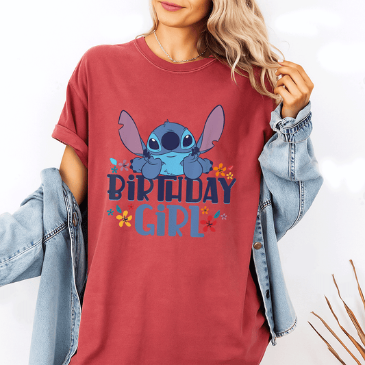 Adorable Disney Lilo & Stitch Birthday Girl T-Shirt with Floral Happy Stitch Logo for Fun and Memorable Celebrations - 1