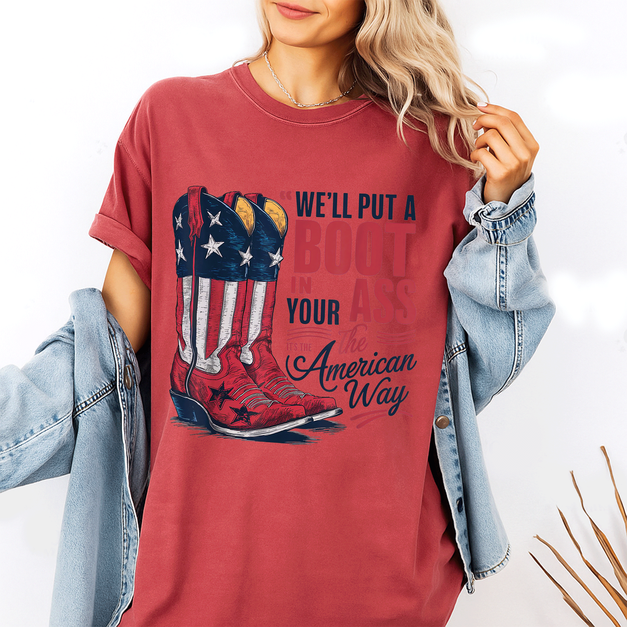 Western Cowgirl Boot Graphic 4th of July T-Shirt - Fun Red, White, and Blue Design for Independence Day Celebrations - 1