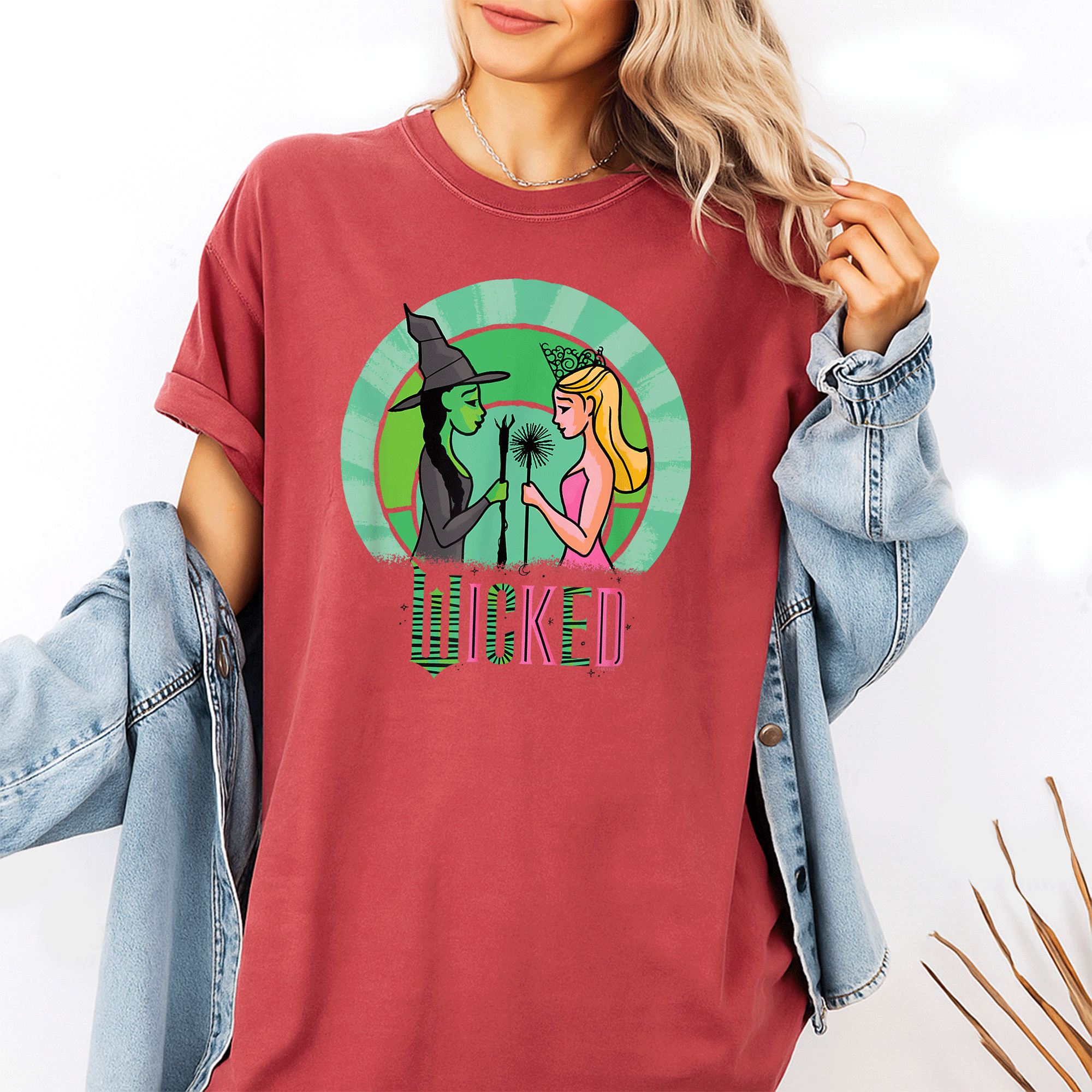 Wicked Glinda and Elphaba Artistic Sketch T-Shirt for Fans of the Musical, Whimsical Design, Perfect Gift for Broadway Lovers - 1