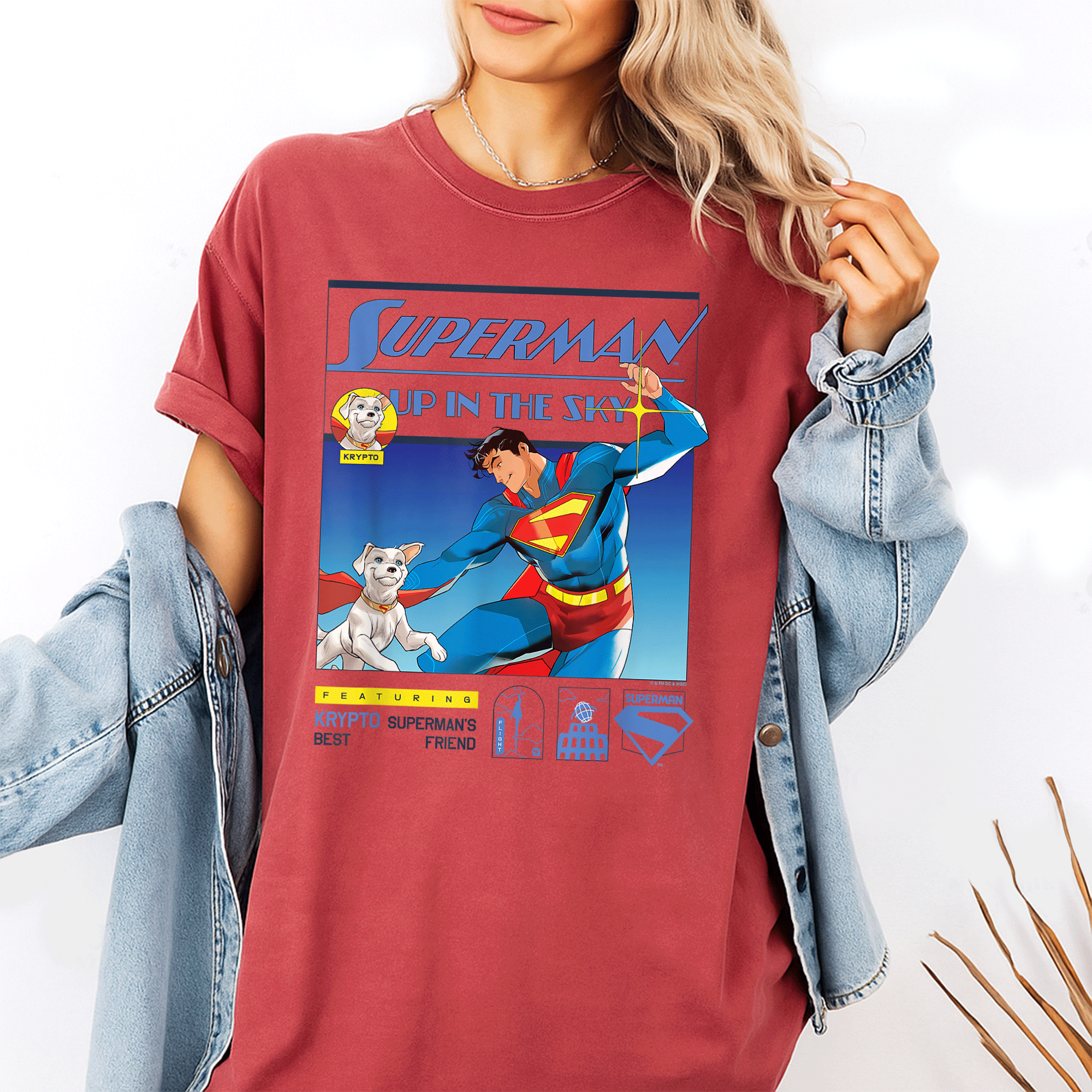 Superman Up In The Sky Featuring Krypto Poster T-Shirt - Stylish Comic Art Design for Superhero Fans, Perfect Gift - 1