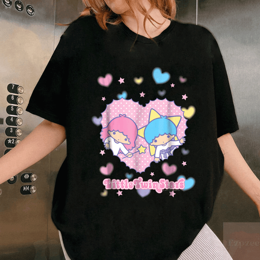 Cute Little Twin Stars Retro Logo Valentine Tee for Kids and Adults - Adorable Graphic T-Shirt for Starry Night Lovers - 1