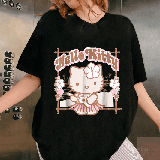 Adorable Hello Kitty Hula Summer Tee Shirt for Kids, Cute Graphic Design Perfect for Beach Days and Summer Fun - 1