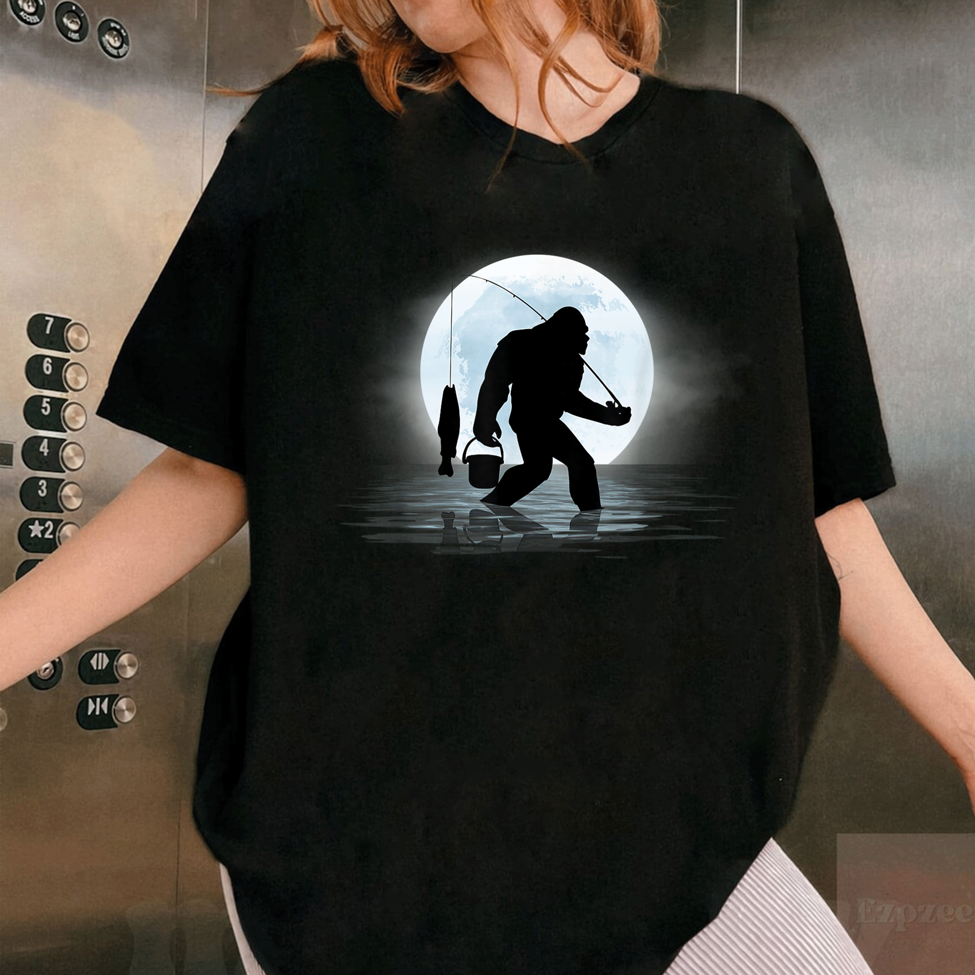 Funny Bigfoot Fishing Shirt for Night Fishing Lovers, Featuring Sasquatch and Fish - Great Gift for Anglers and Nature Fans! - 1