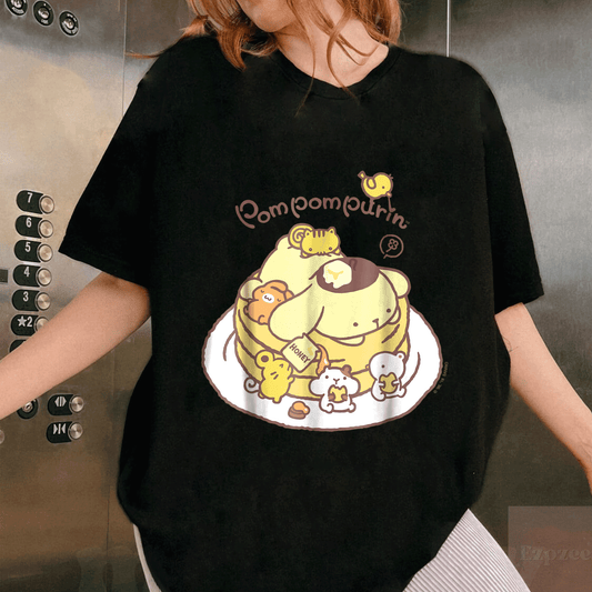 Cute Pom Pom Purin Pancake Friends Tee Shirt for Sanrio Lovers, Adorable Graphic Tee Featuring Cheerful Pancake Design - 1