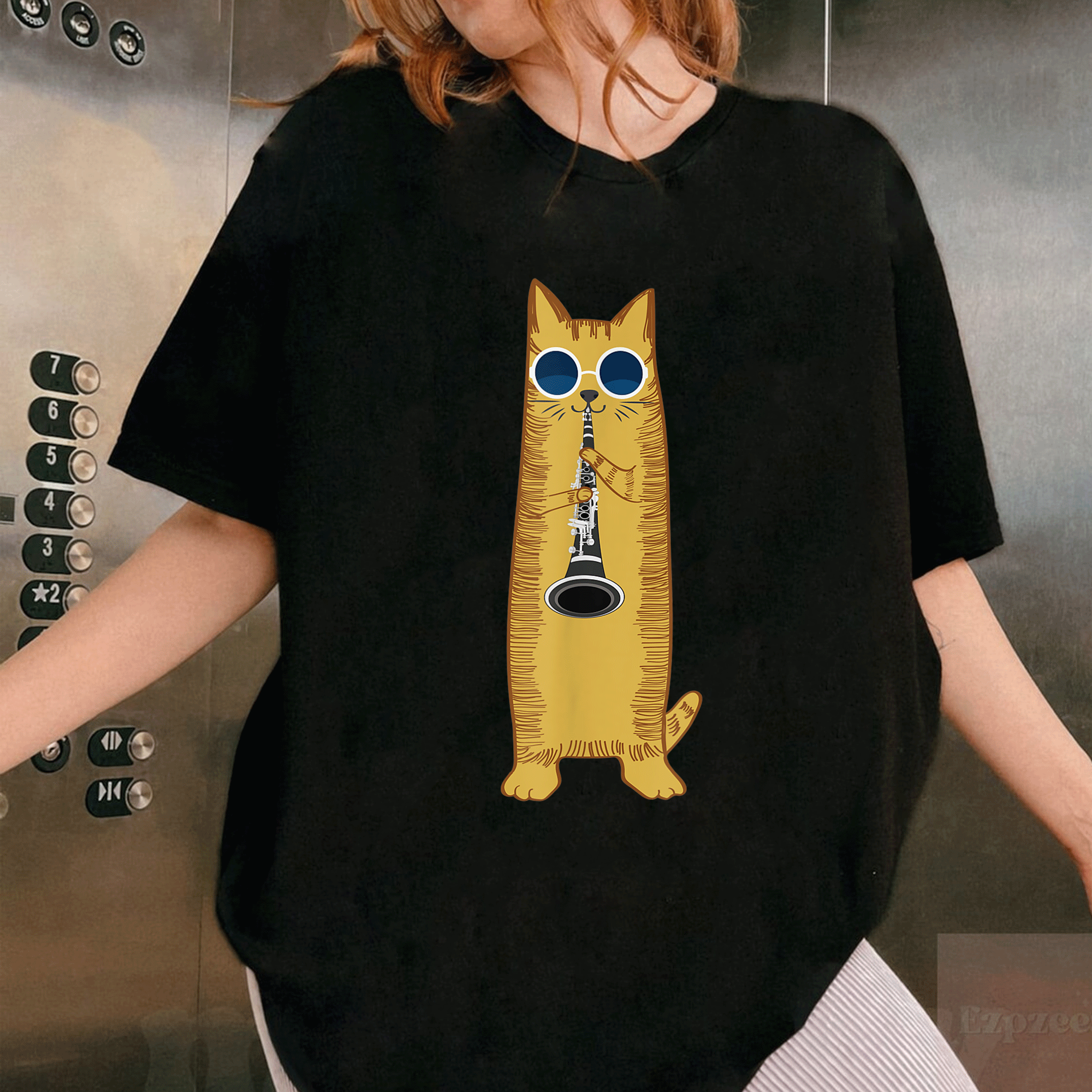 Cool Cat Playing Clarinet Design T-Shirt for Hippy Hipster Kitty Lovers - Fun and Stylish Graphic Tee for Cat Fans - 1