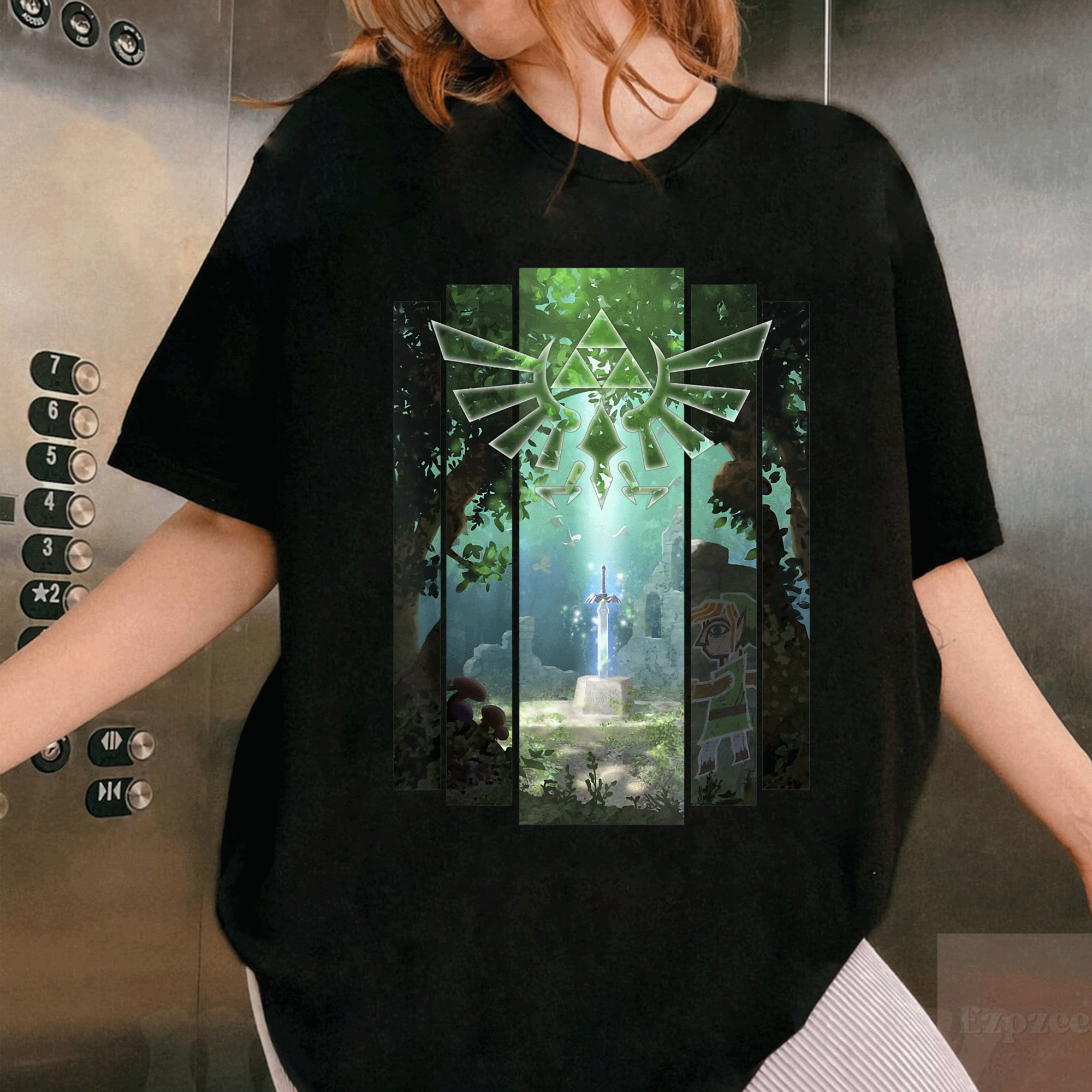 Enchanting Nintendo Zelda Master Sword Lost Woods Artwork T-Shirt for Fans, Featuring Stunning Minimalist Design and Vivid Colors - 1