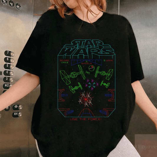 Vintage Star Wars Space Fight Graphic T-Shirt for Arcade Fans, Retro Design Perfect for Gamers and Sci-Fi Enthusiasts - 1