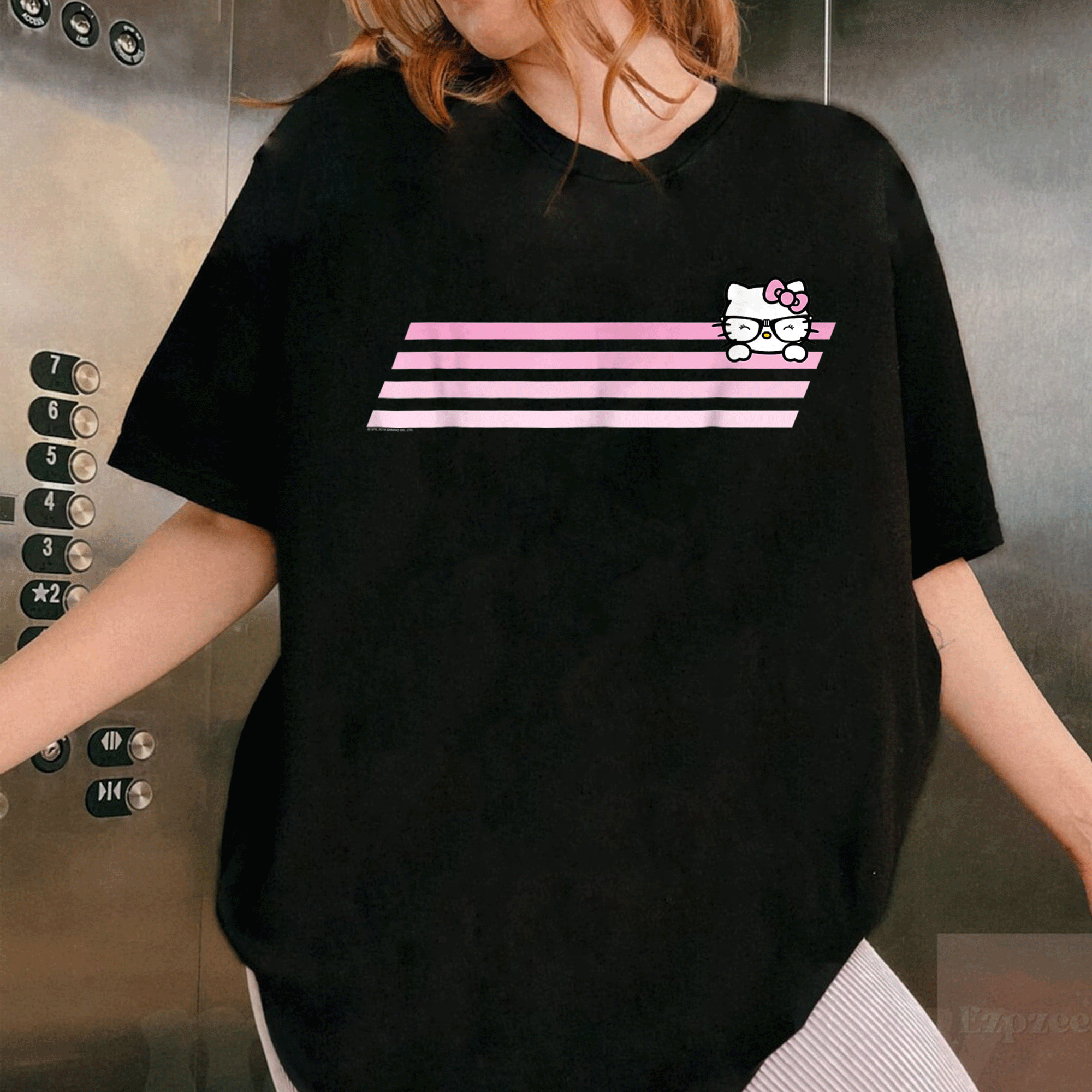 Cute Hello Kitty Nerd Glasses Retro Stripe Tee Shirt for Fans - Adorable and Stylish Vintage Graphic Tee for Everyday Wear - 1