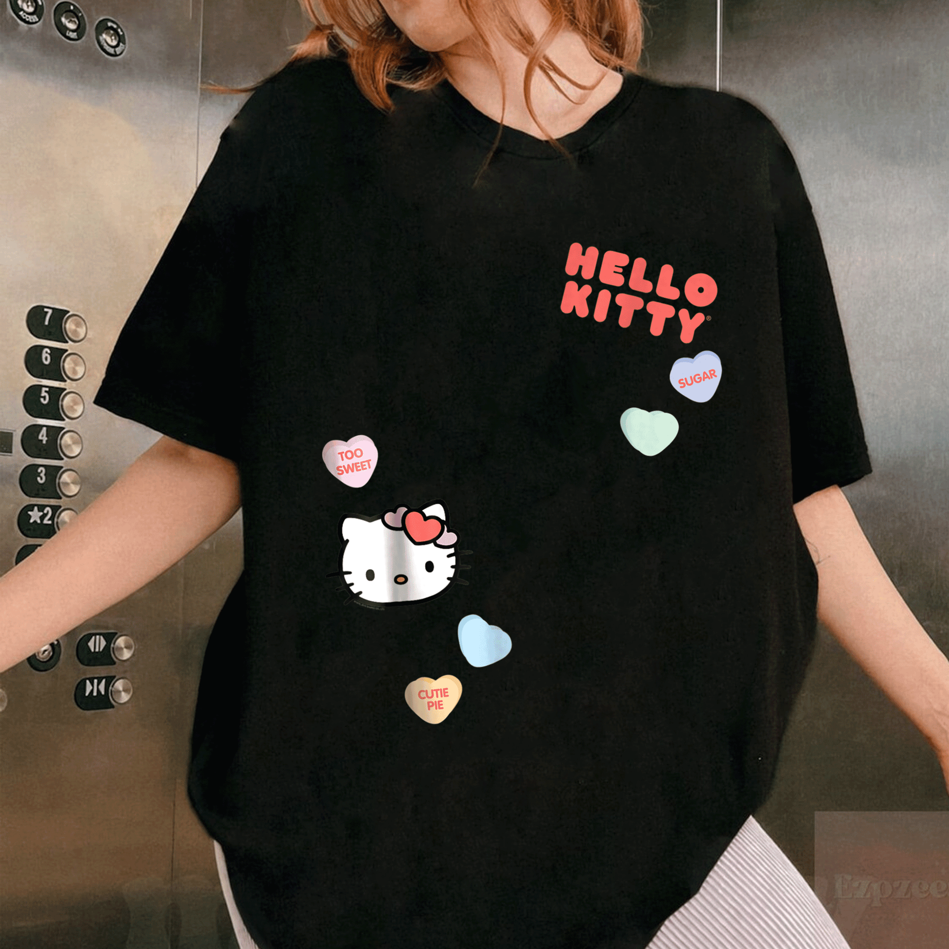 Cute Hello Kitty Candy Hearts Valentine Tee Shirt for Kids and Adults, Adorable Love-Themed Graphic Tee Perfect for Valentine's Day - 1