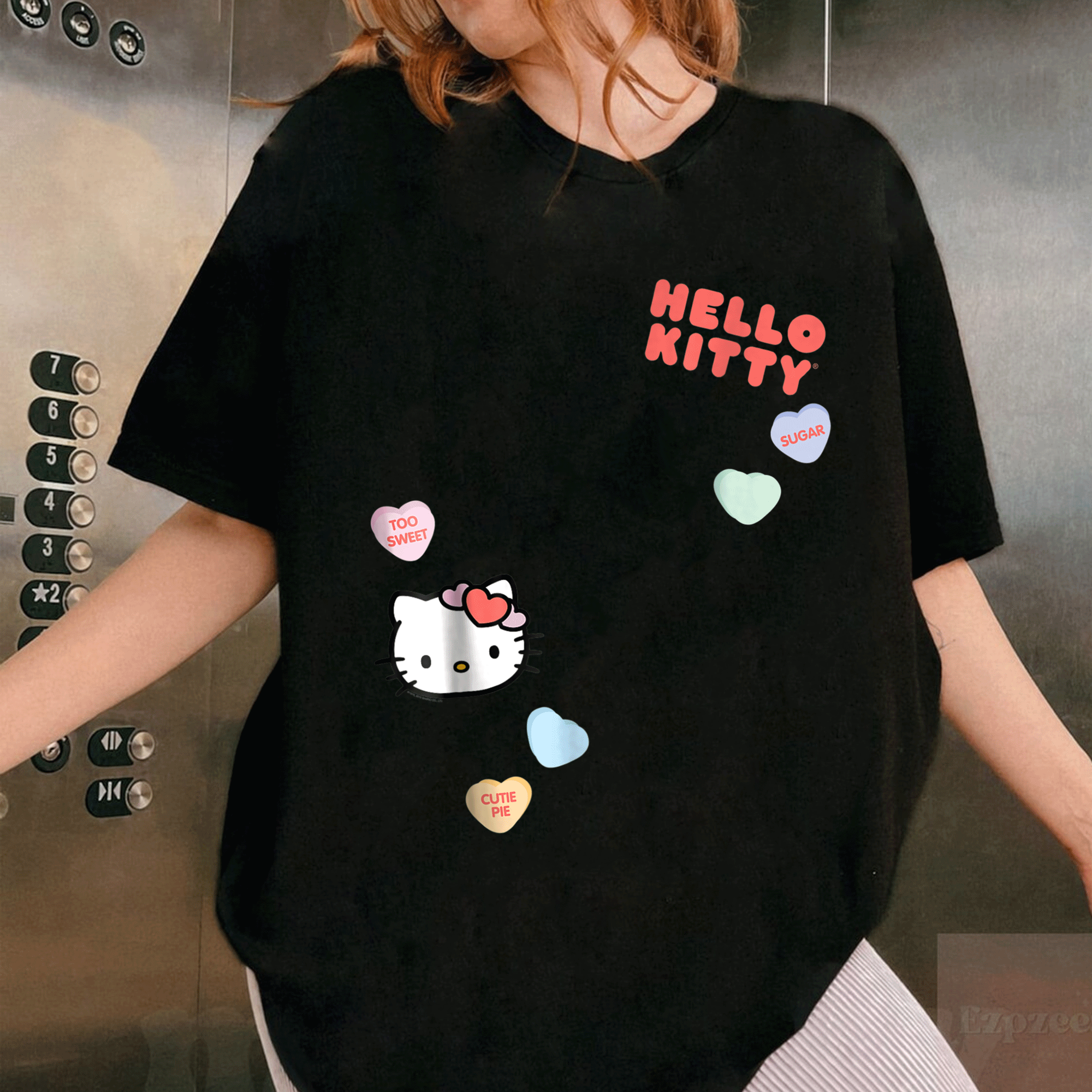 Cute Hello Kitty Candy Hearts Valentine Tee Shirt for Kids and Adults, Adorable Love-Themed Graphic Tee Perfect for Valentine's Day - 1