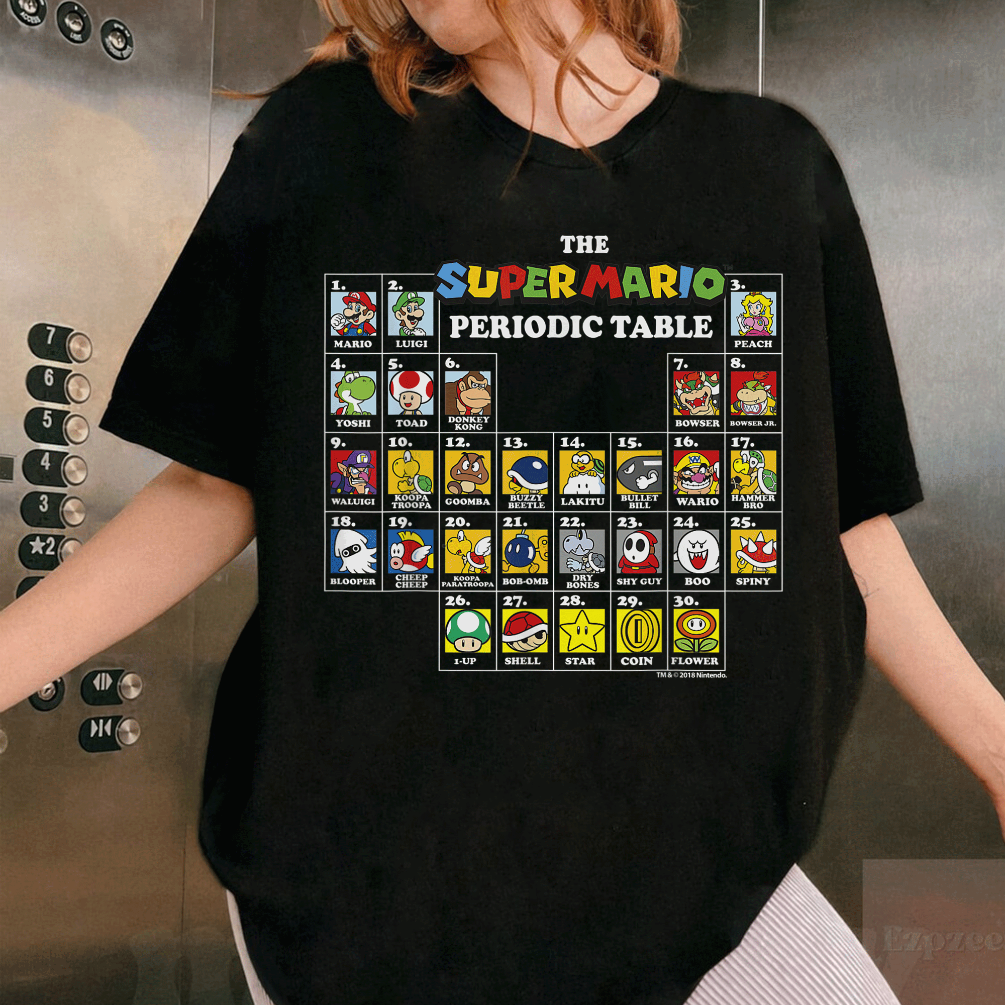 Super Mario Periodic Table of Characters Graphic T-Shirt Fun Retro Design for Fans of Nintendo Video Games and Collectibles - 1