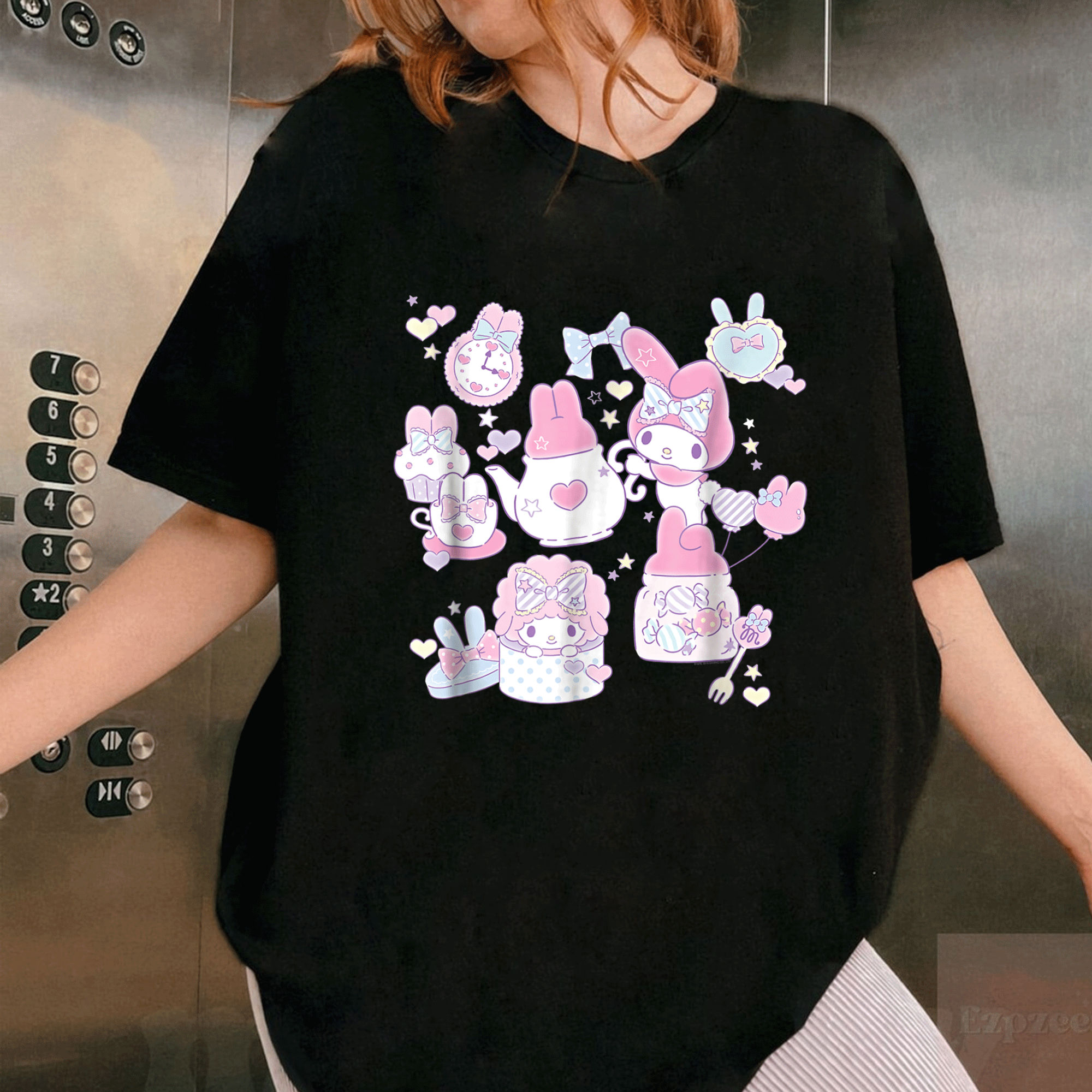 Charming My Melody Tea Party Tee Shirt - Adorable Design Featuring Friends, Perfect for Anime and Sanrio Fans! - 1