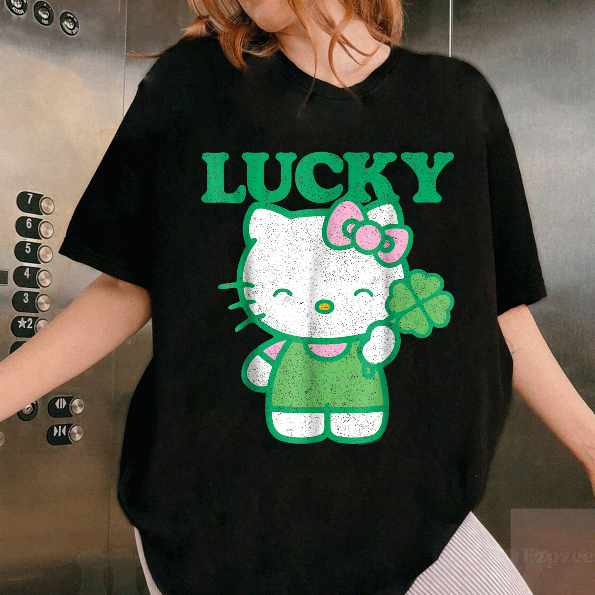 Cute Hello Kitty Lucky Clover Tee Shirt - Adorable Design Featuring Lucky Clover and Hello Kitty for Kids and Adults - 1