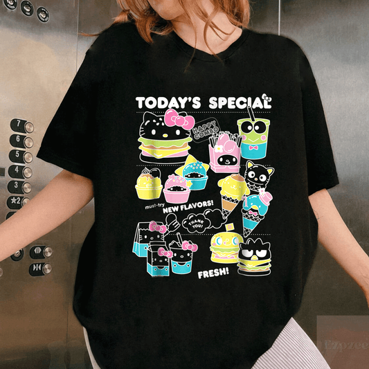 Cute Sanrio Kawaii Burger Shop Tee Shirt Delicious Foodie Menu Design for Fun and Fashionable Outfits - 1