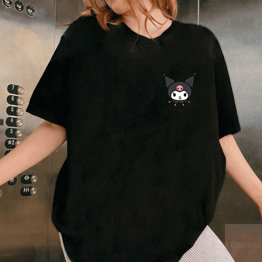 Cute Sanrio Kuromi Front and Back Logo Tee Shirt for Fans - Stylish Graphic Tee Featuring Adorable Kuromi Design - 1