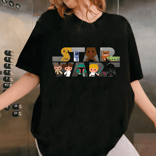 Cute Star Wars Kawaii Multi-Character T-Shirt Featuring Adorable Designs of Your Favorite Heroes and Villains for Fans - 1
