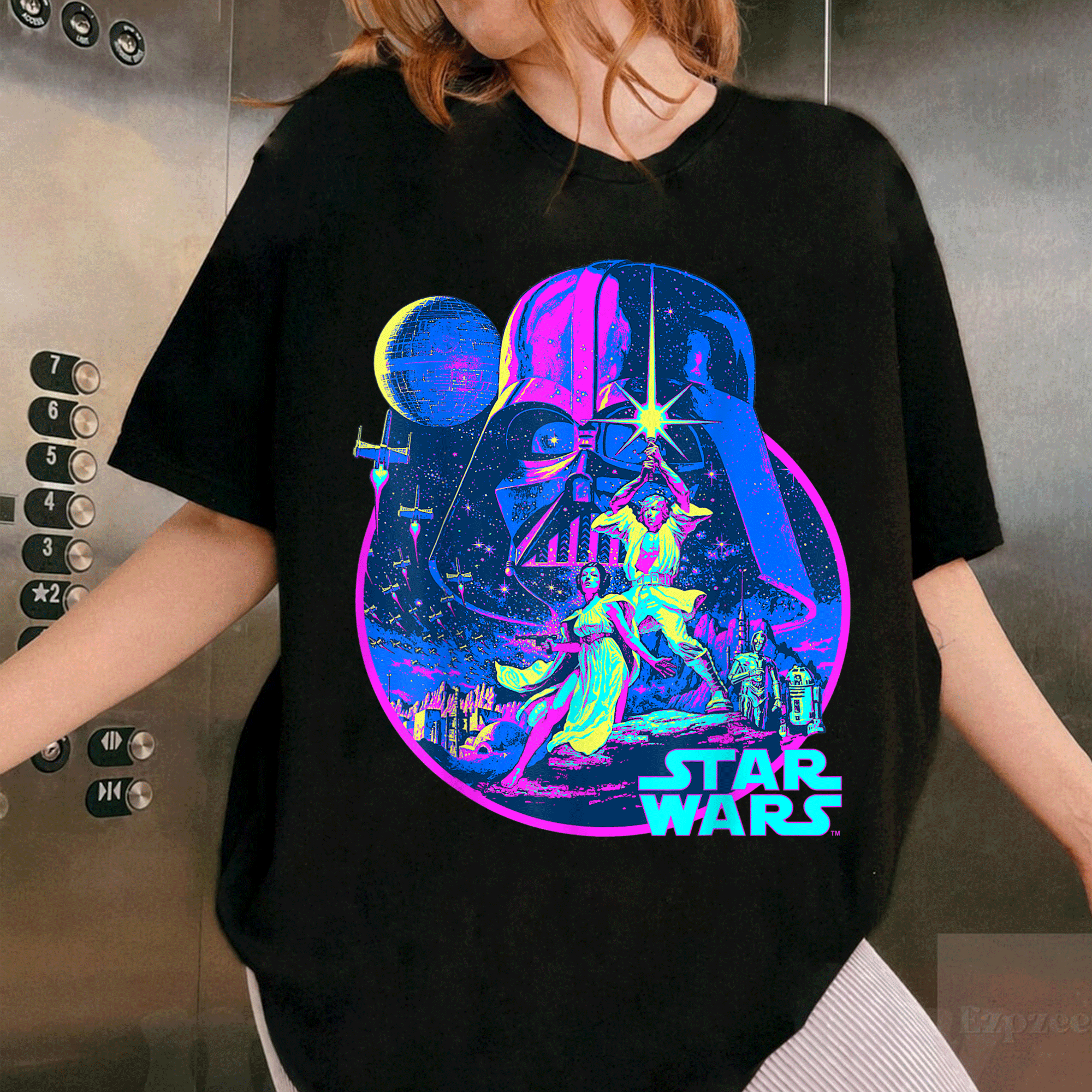 Star Wars Bright Classic Neon Graphic T-Shirt Featuring Iconic Characters in Vibrant Colors for Fans and Collectors - 1