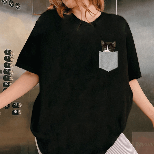 Adorable Cute Cat Peeking from Pocket T-Shirt for Cat Lovers - Fun and Comfy Tee for Cat Enthusiasts - 1