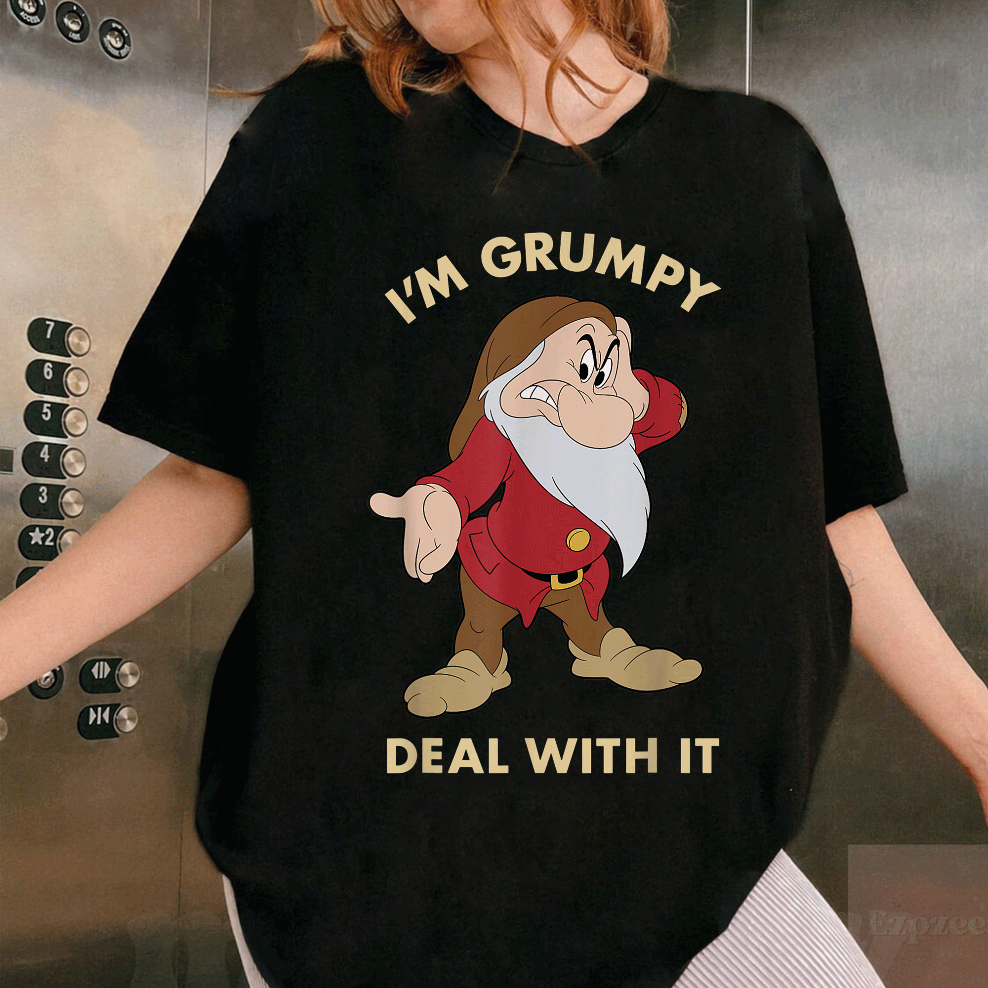 Disney Snow White Grumpy Character Portrait T-Shirt for Fans, Fun Graphic Tee Featuring Grumpy with Deal With It Attitude - 1