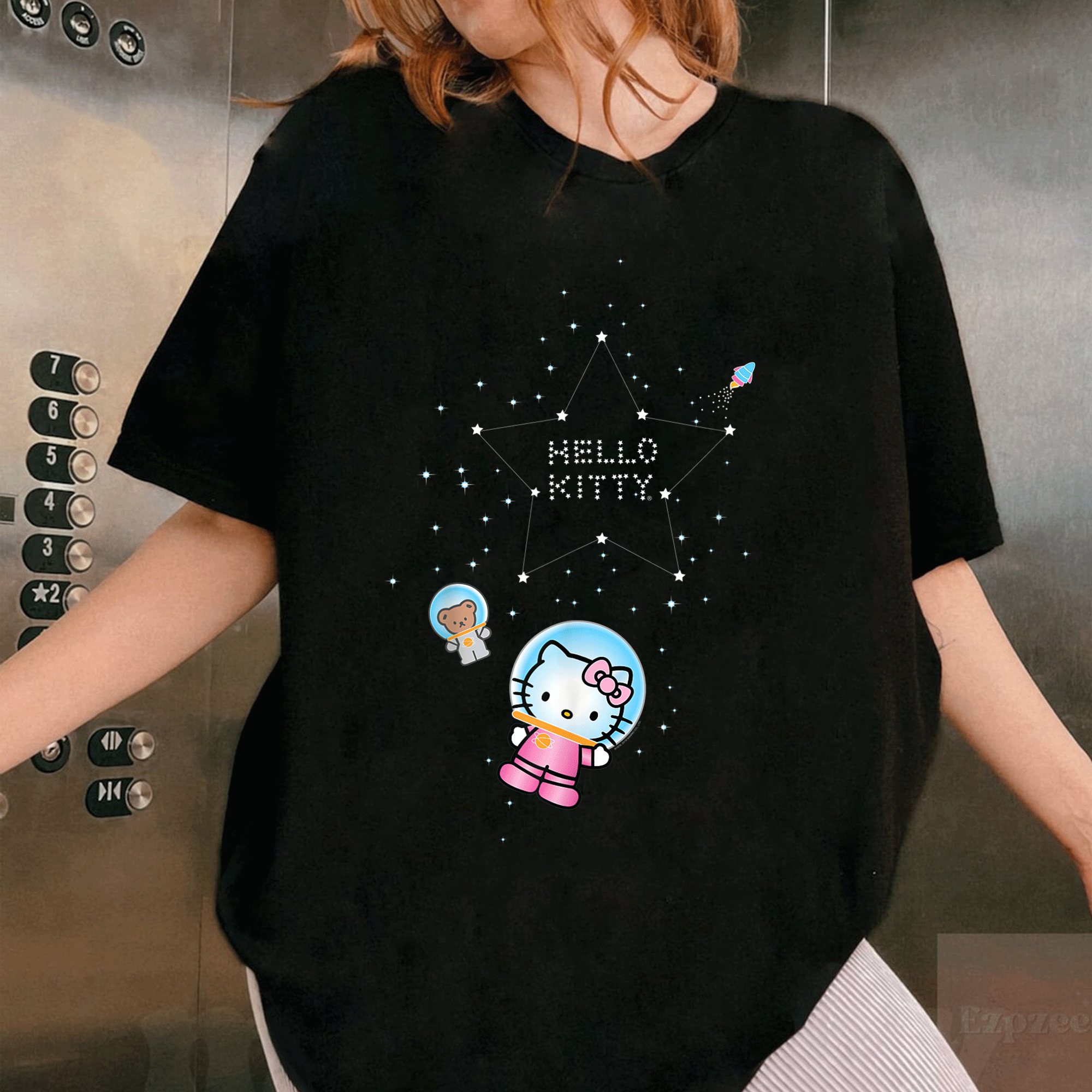 Cute Hello Kitty Star Space T-Shirt for Kids, Adorable Cartoon Design with Whimsical Stars and Fun Colors, Perfect Gift! - 1