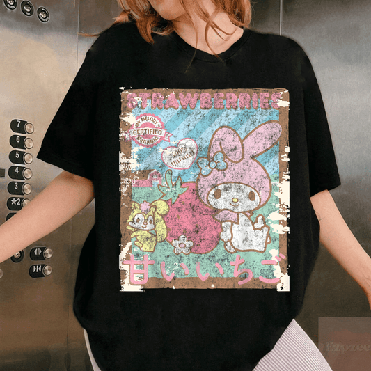 Cute My Melody Strawberry Picking T-Shirt for Kids - Adorable Farm Design with Delicious Strawberries and Fun Colors - 1