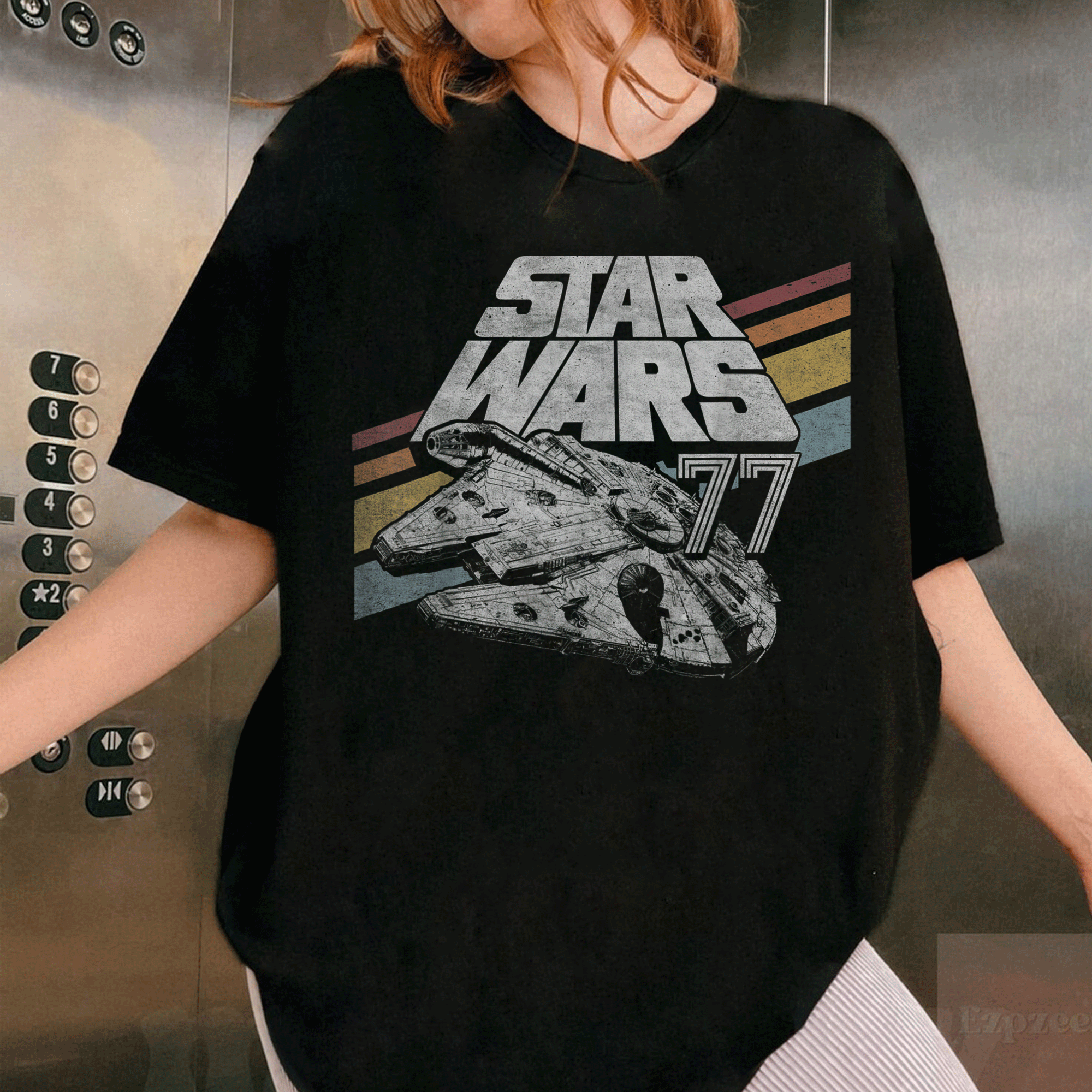 Retro Star Wars Millennium Falcon 77 T-Shirt with Stylish Diagonal Stripes – Perfect for Fans and Collectors! - 1