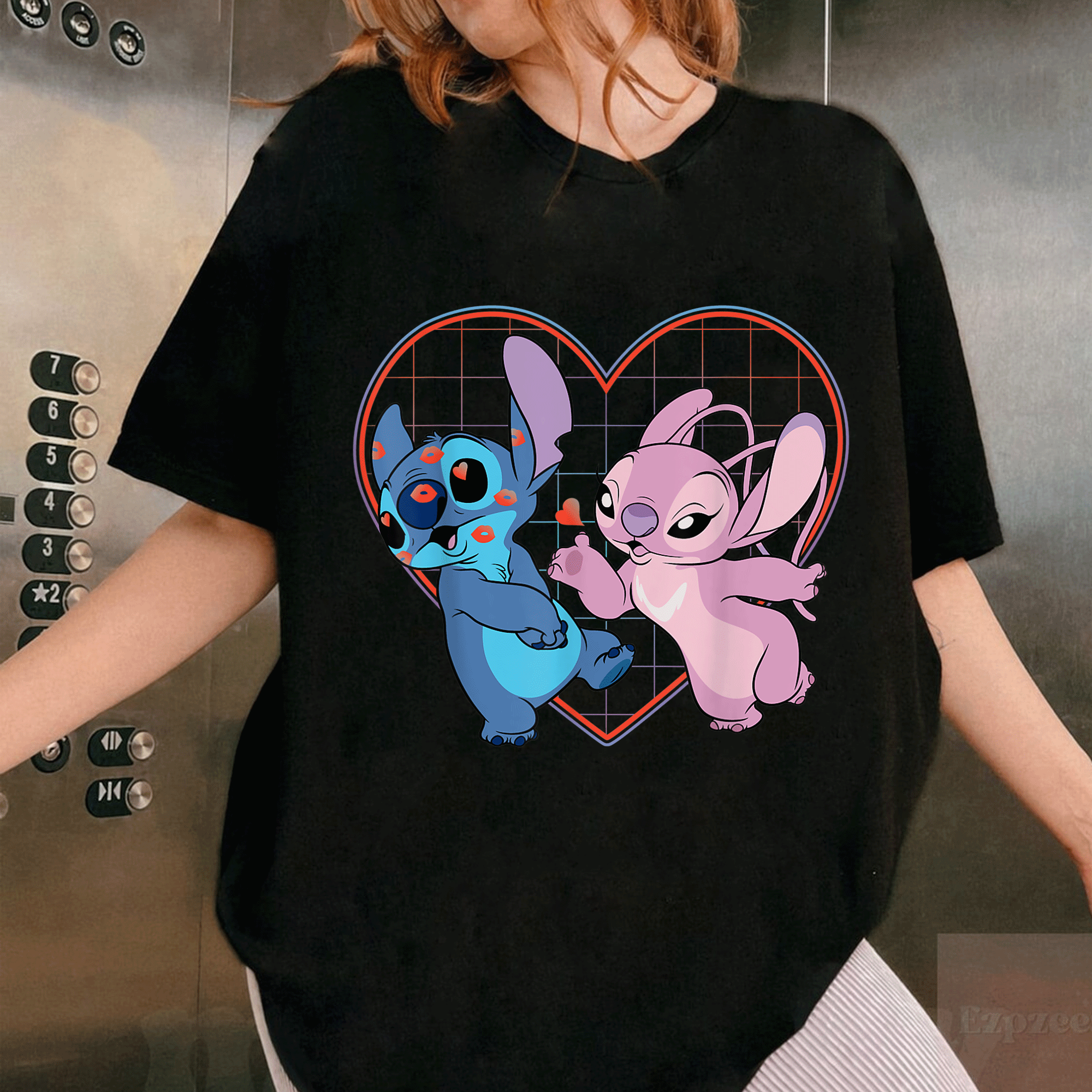 Cute Disney Lilo and Stitch Angel Heart Kisses T-Shirt for Fans of Cozy Style and Adorable Character Designs - 1