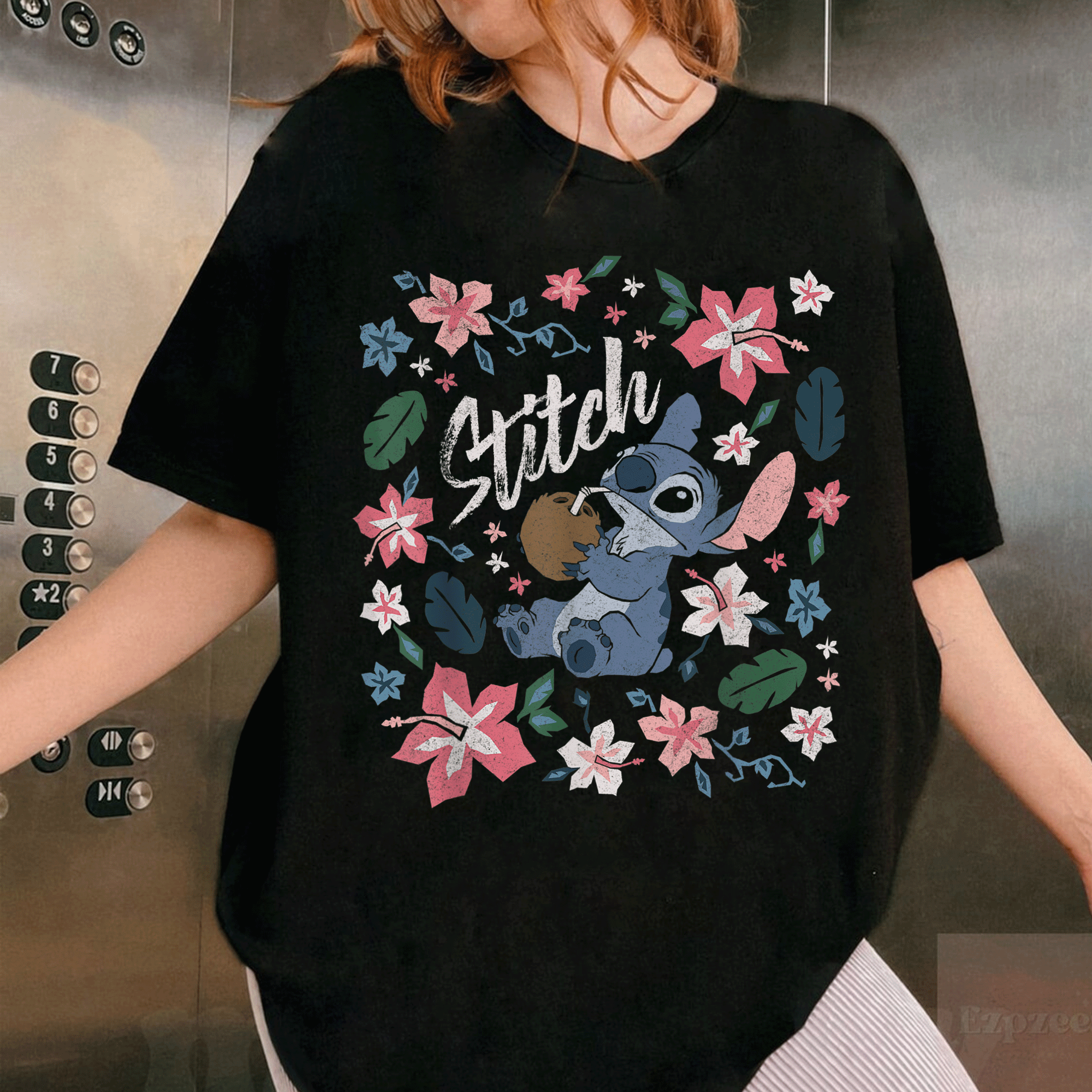 Disney Lilo & Stitch Floral Coconut Portrait T-Shirt – Charming and Colorful Stitch Design for Fans and Fashion Lovers - 1
