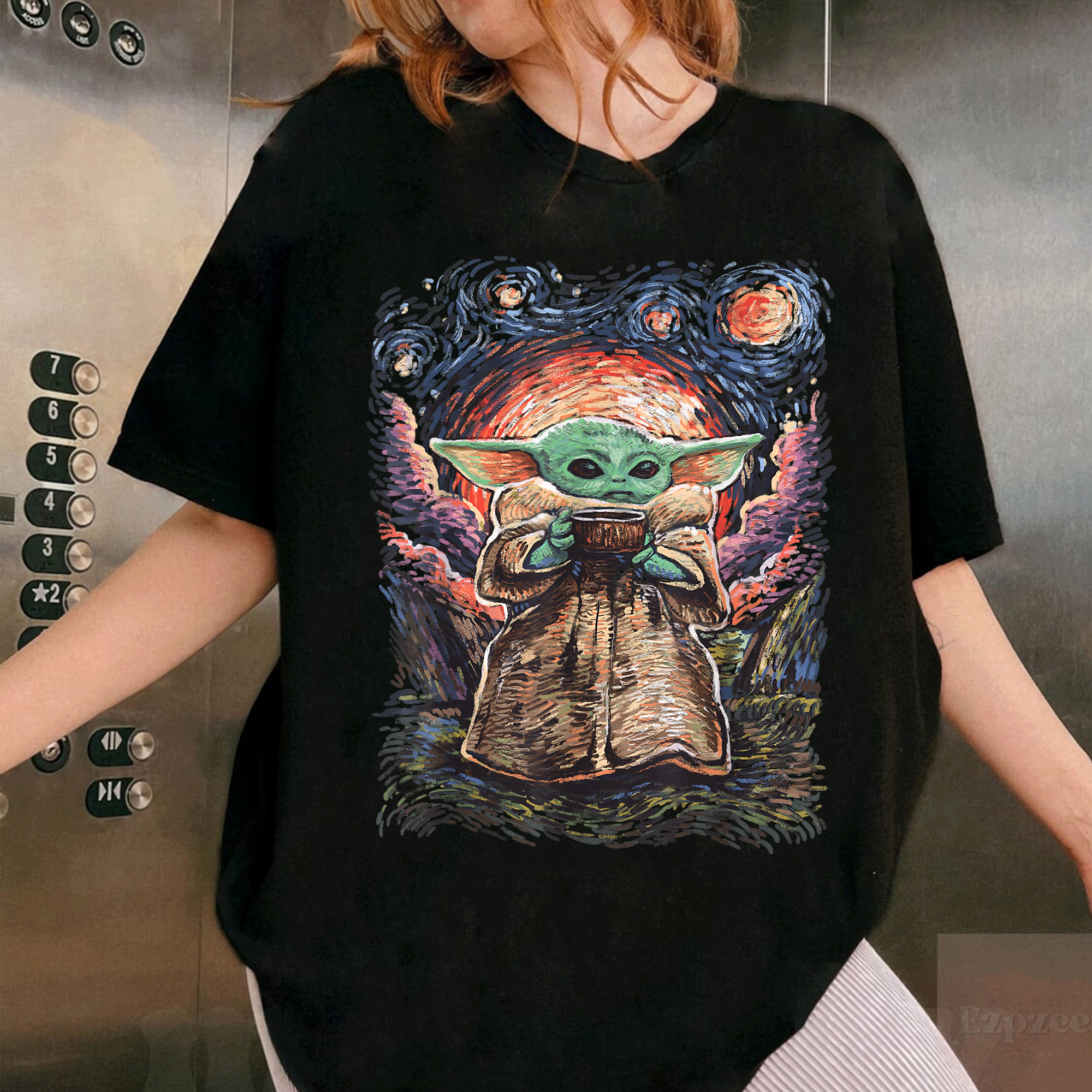 Star Wars The Child Starry Night T-Shirt featuring adorable Baby Yoda design for fans of all ages in soft, comfortable fabric - 1